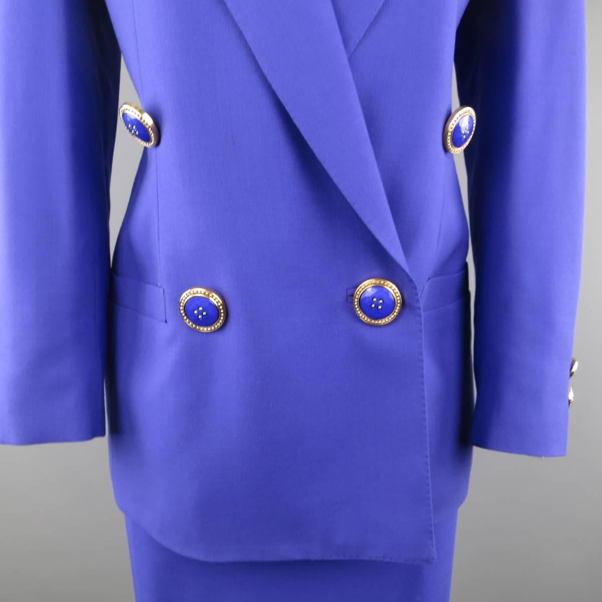 GIANNI VERSACE COUTURE 1980s Size 10 Purple Wool Double Breasted Gold Skirt Suit In Excellent Condition In San Francisco, CA
