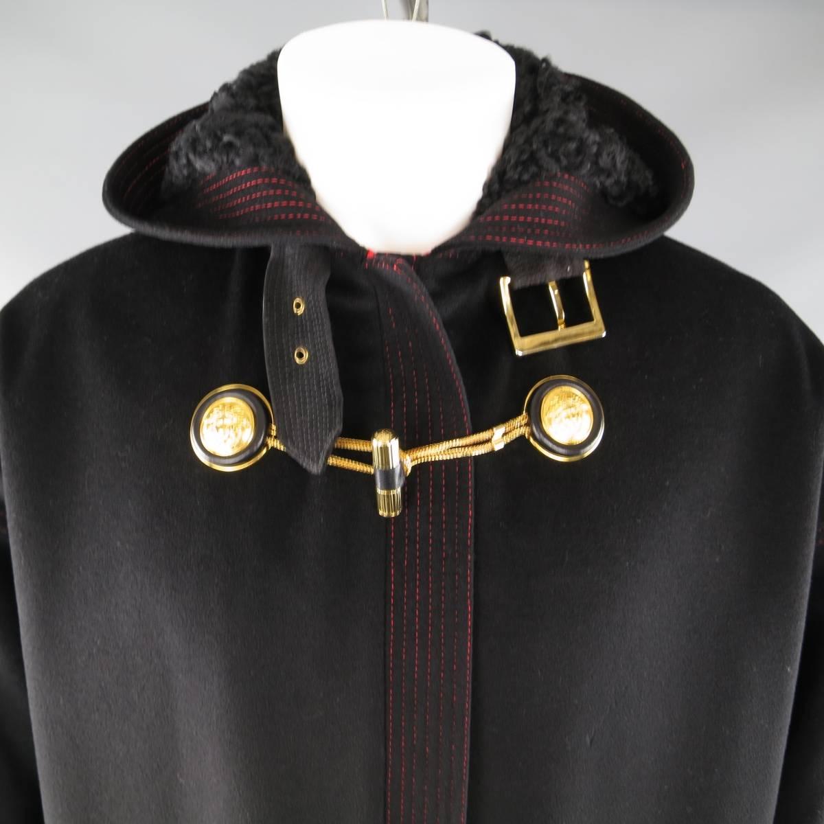 Women's or Men's GIANNI VERSACE Size 6 Black Wool Hooded Gold Medusa Toggle Fur Cuff Coat