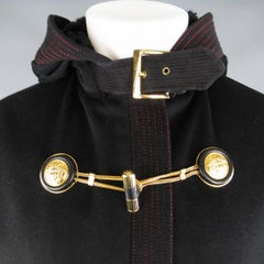 GIANNI VERSACE Size 6 Black Wool Hooded Gold Medusa Toggle Fur Cuff Coat