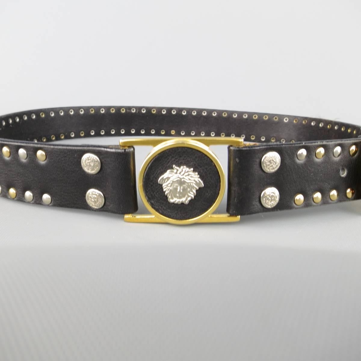 Women's or Men's GIANNI VERSACE Size 30 Black Gold & Silver Medusa Studded Leather Belt