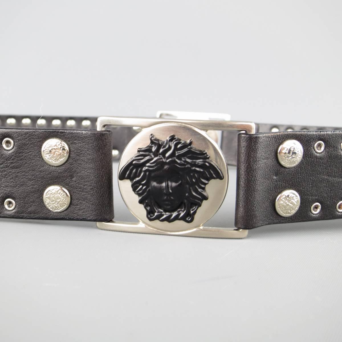 Women's or Men's GIANNI VERSACE 30 Black Grommet Leather Matte Silver & Black Medusa Belt