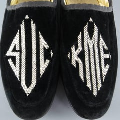 GUCCI Size 7 Black Embroidered Velvet SUCK ME Loafer Slippers