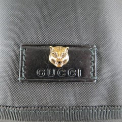 GUCCI Black Nylon Striped Webbing Gold Lion Head Techpack Backpack
