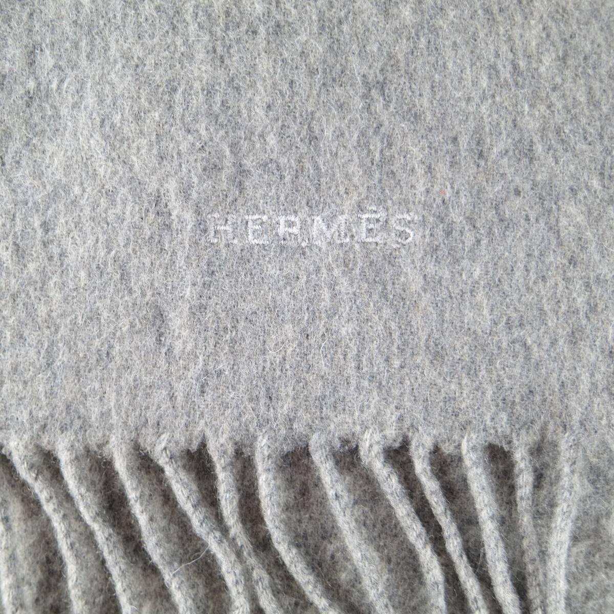 Gray HERMES Grey Cashmere Embroidered Logo Fringe Scarf