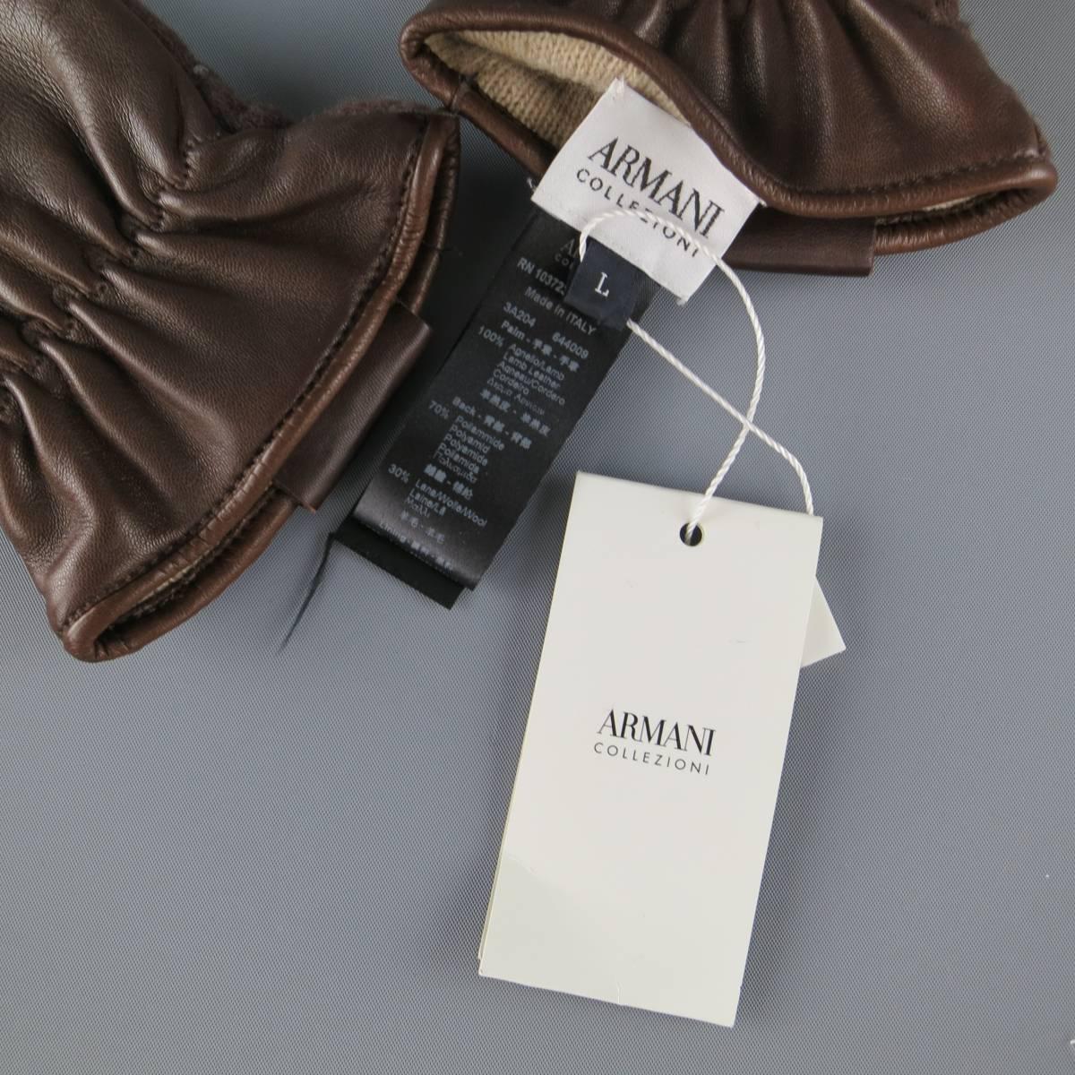Men's ARMANI COLLEZIONI Size L Brown Quilted Wool & Leather Gloves In New Condition In San Francisco, CA
