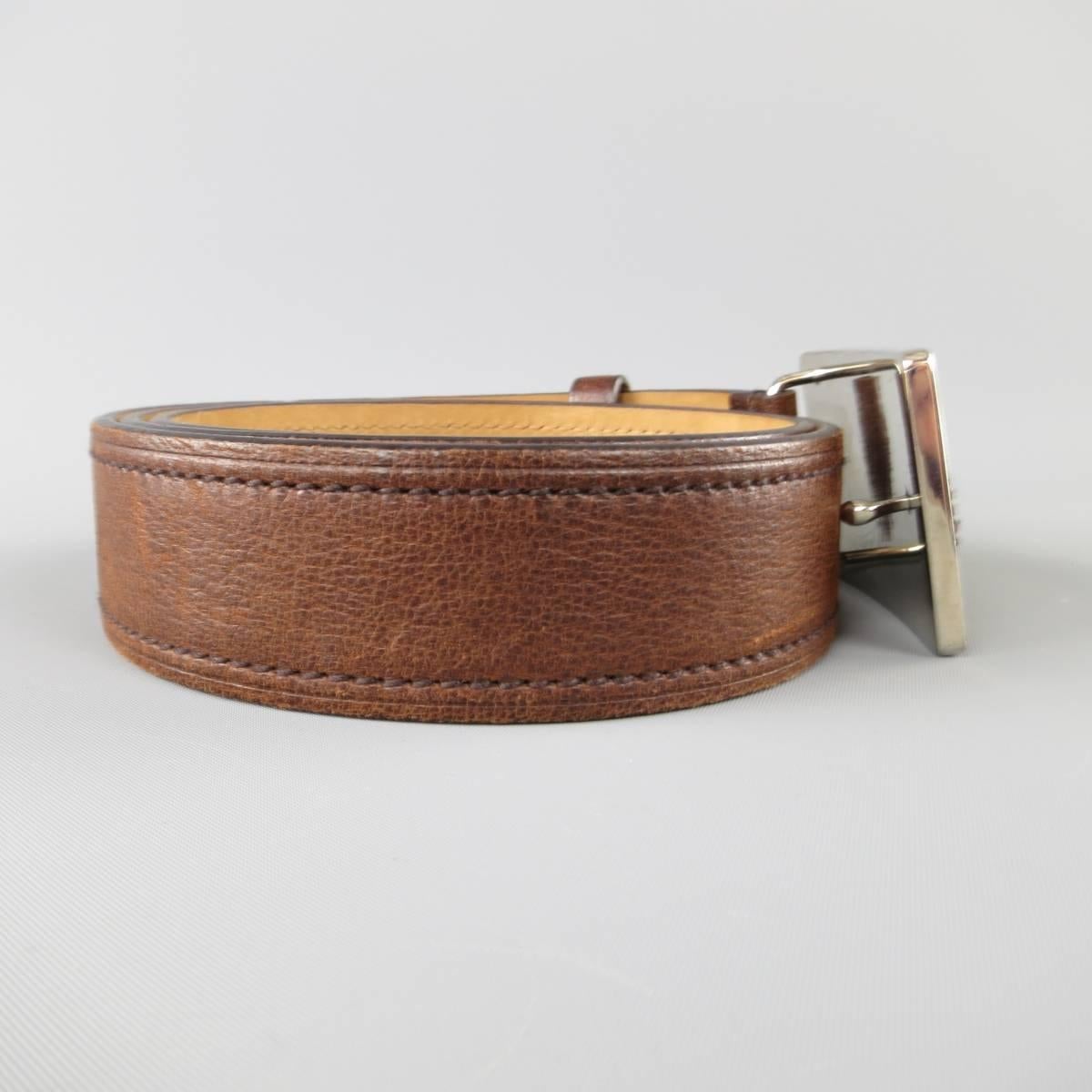 PRADA Size 36 Brown Leather Embossed Logo Buckle Belt In Good Condition In San Francisco, CA