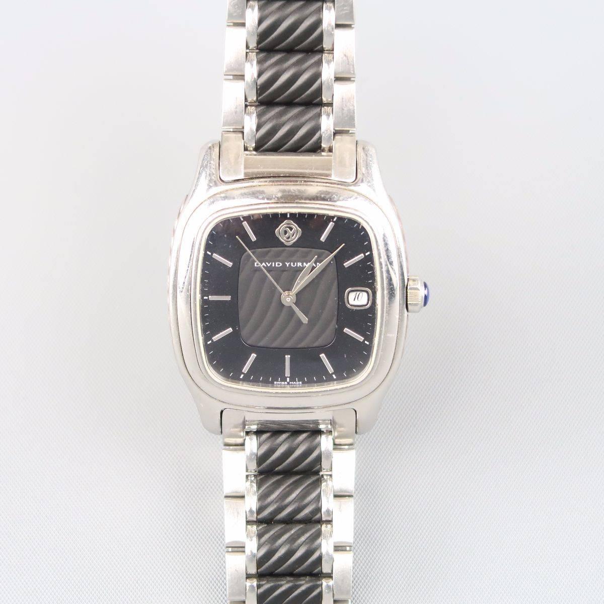 DAVID YURMAN Thoroughbred wrist watch comes in polished silver tone stainless steel with black textured accents with a square clock face.

Retails at: $2,400.00
Good Pre-Owned Condition.
Marked: B-02194 / T301-LST
 
Fits: about 7.5 inch Wrist.
Face: