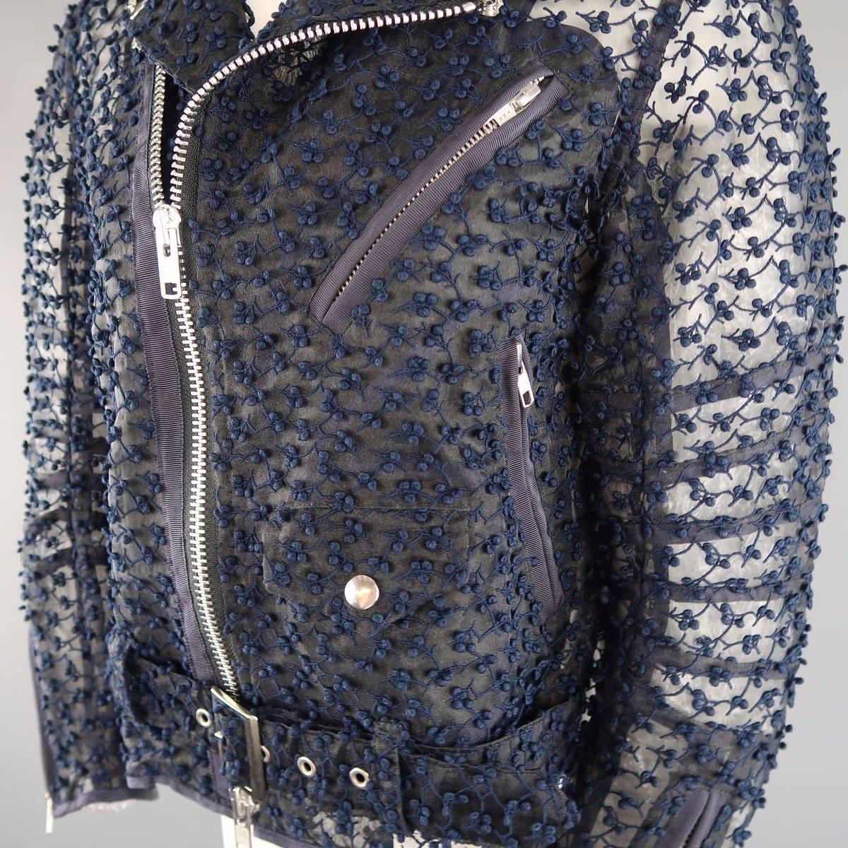 Black SACAI Size S Blue Embroidered Sheer Tafeta Ruffled Back Biker Jacket