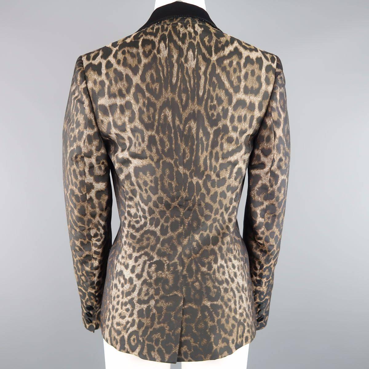 Women's LANVIN Size 4 Beige Silk Blend Leopard Peak Lapel Single Button Tuxedo Jacket