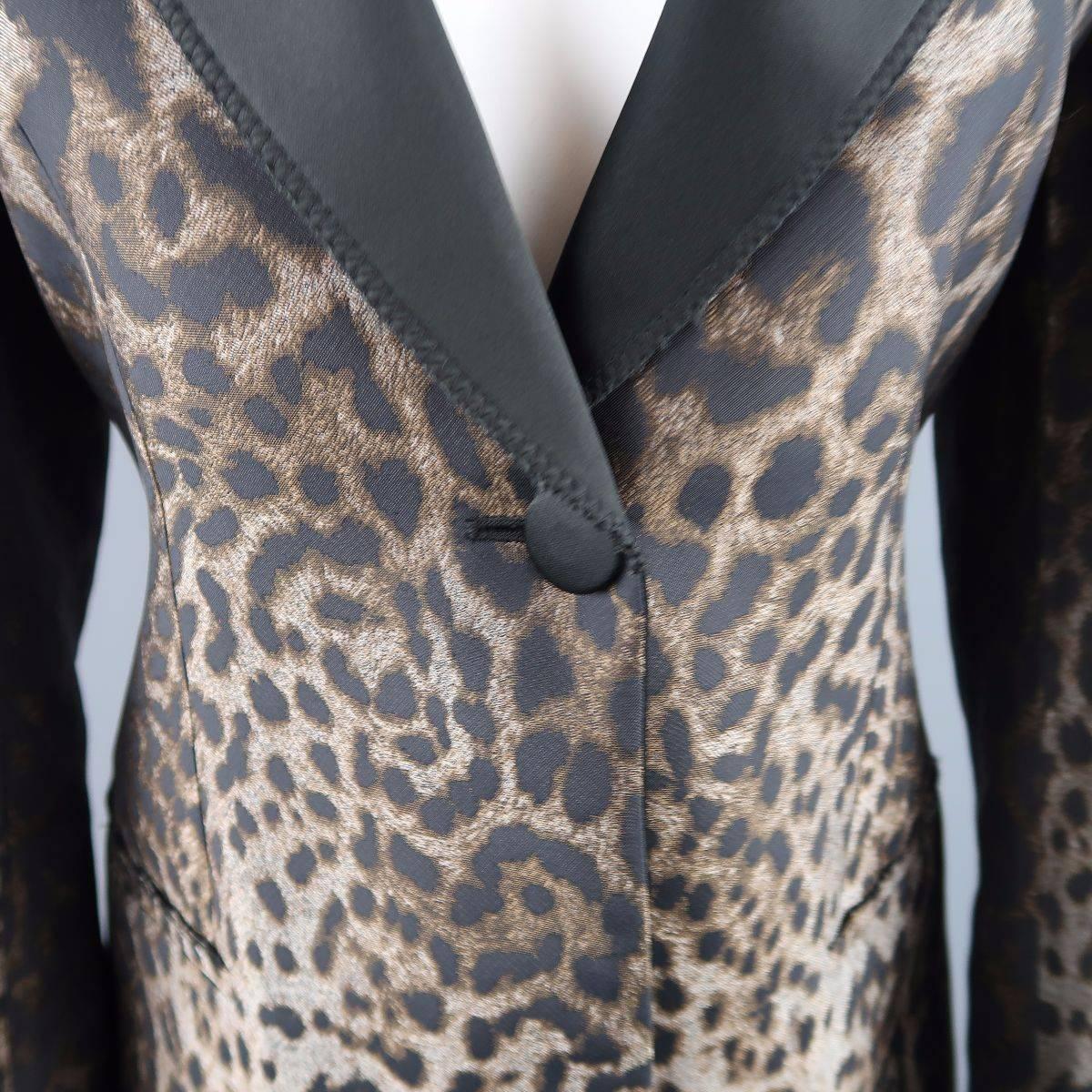 Black LANVIN Size 4 Beige Silk Blend Leopard Peak Lapel Single Button Tuxedo Jacket