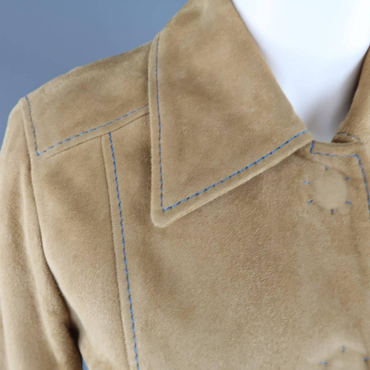 DOLCE & GABBANA Size 4 Beige Suede Blue Stitching Snap Jacket In Good Condition In San Francisco, CA