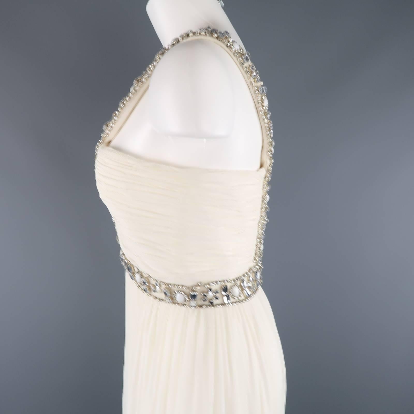 NAEEM KHAN Gown -  Size M Cream Silk Crepe Chiffon Rhinestone Beaded Strap 2