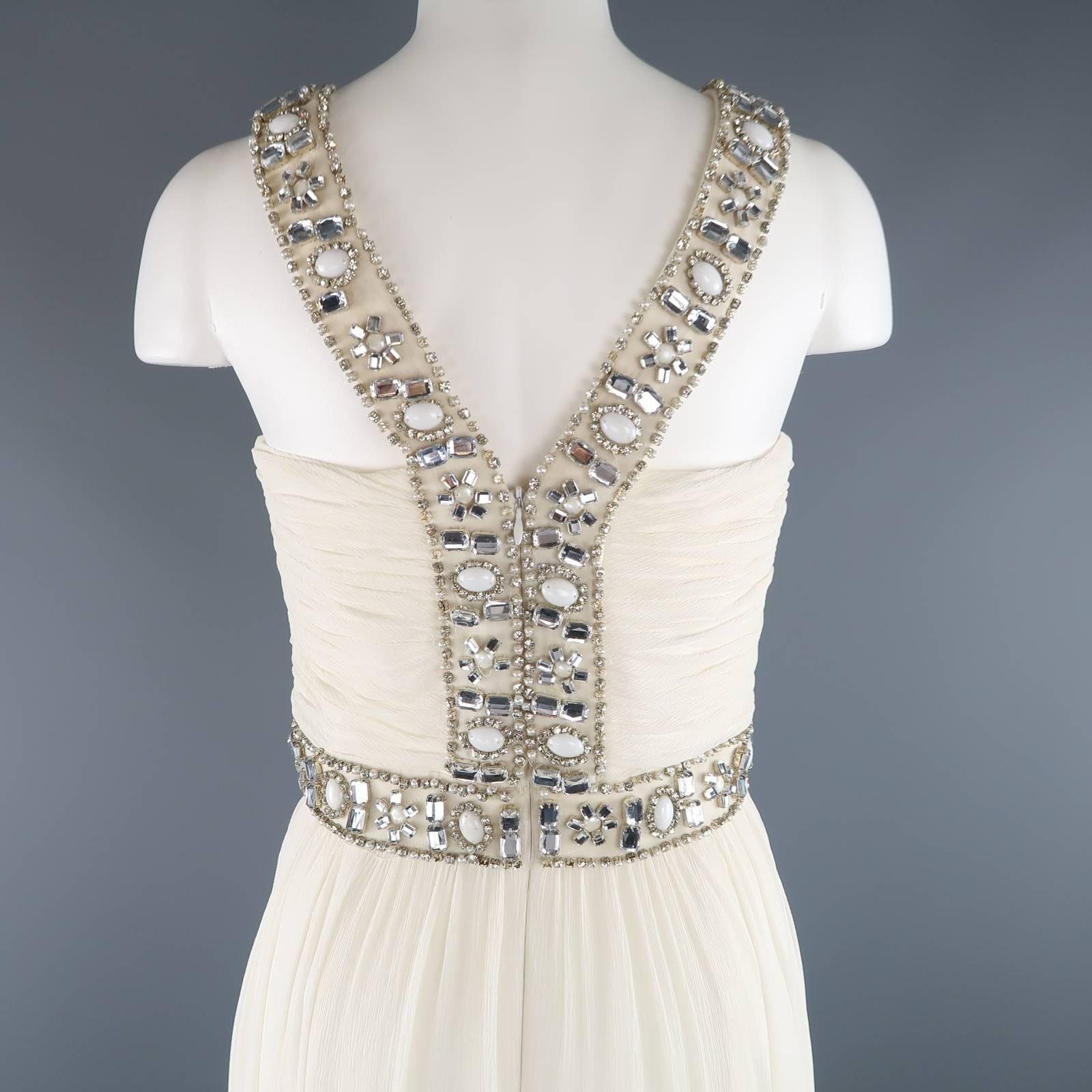 NAEEM KHAN Gown -  Size M Cream Silk Crepe Chiffon Rhinestone Beaded Strap 4