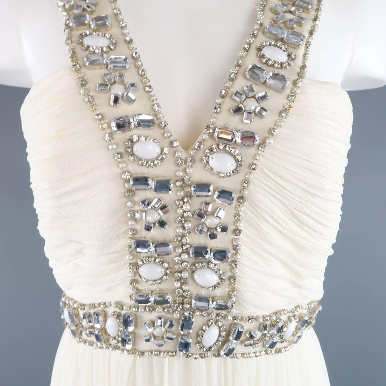NAEEM KHAN Gown -  Size M Cream Silk Crepe Chiffon Rhinestone Beaded Strap In Good Condition In San Francisco, CA