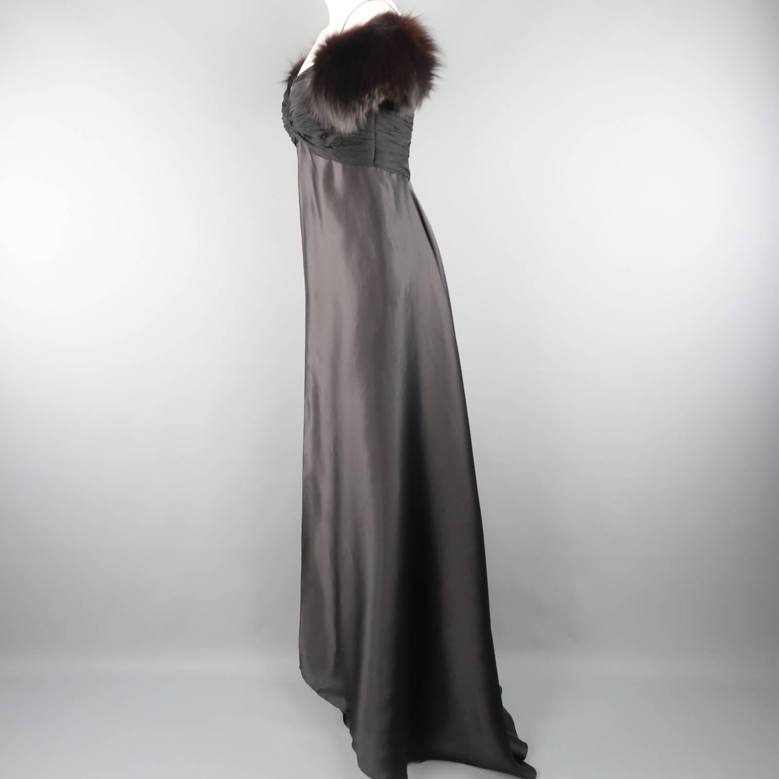 MICHAEL CASEY Gown US 8 Black Silk & Velvet Gathered Bust Fox Fur Shoulder Dress 1