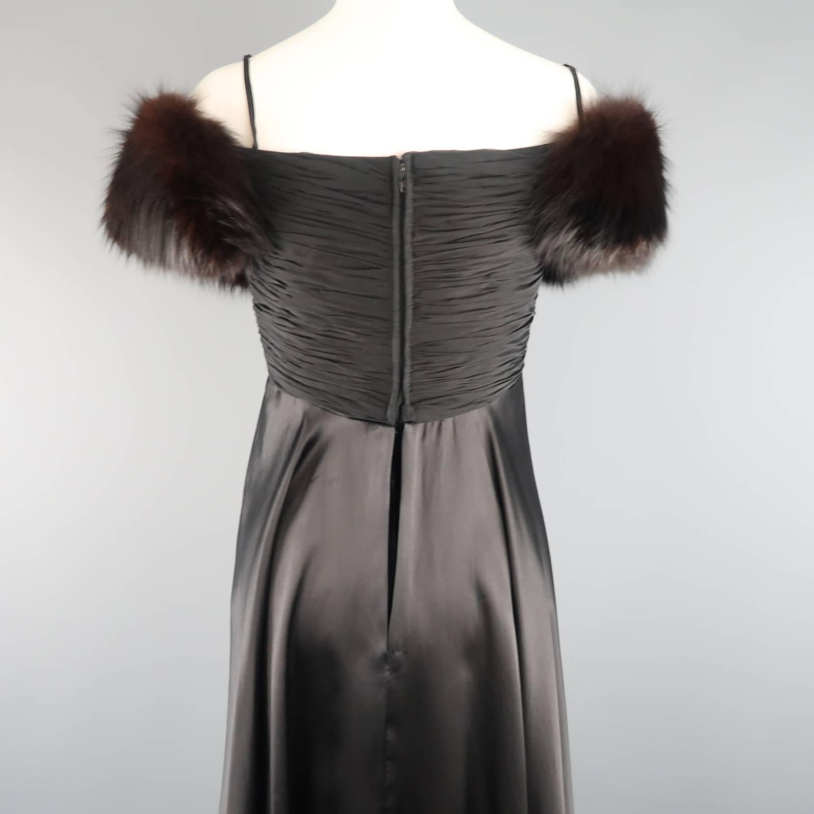 MICHAEL CASEY Gown US 8 Black Silk & Velvet Gathered Bust Fox Fur Shoulder Dress 2
