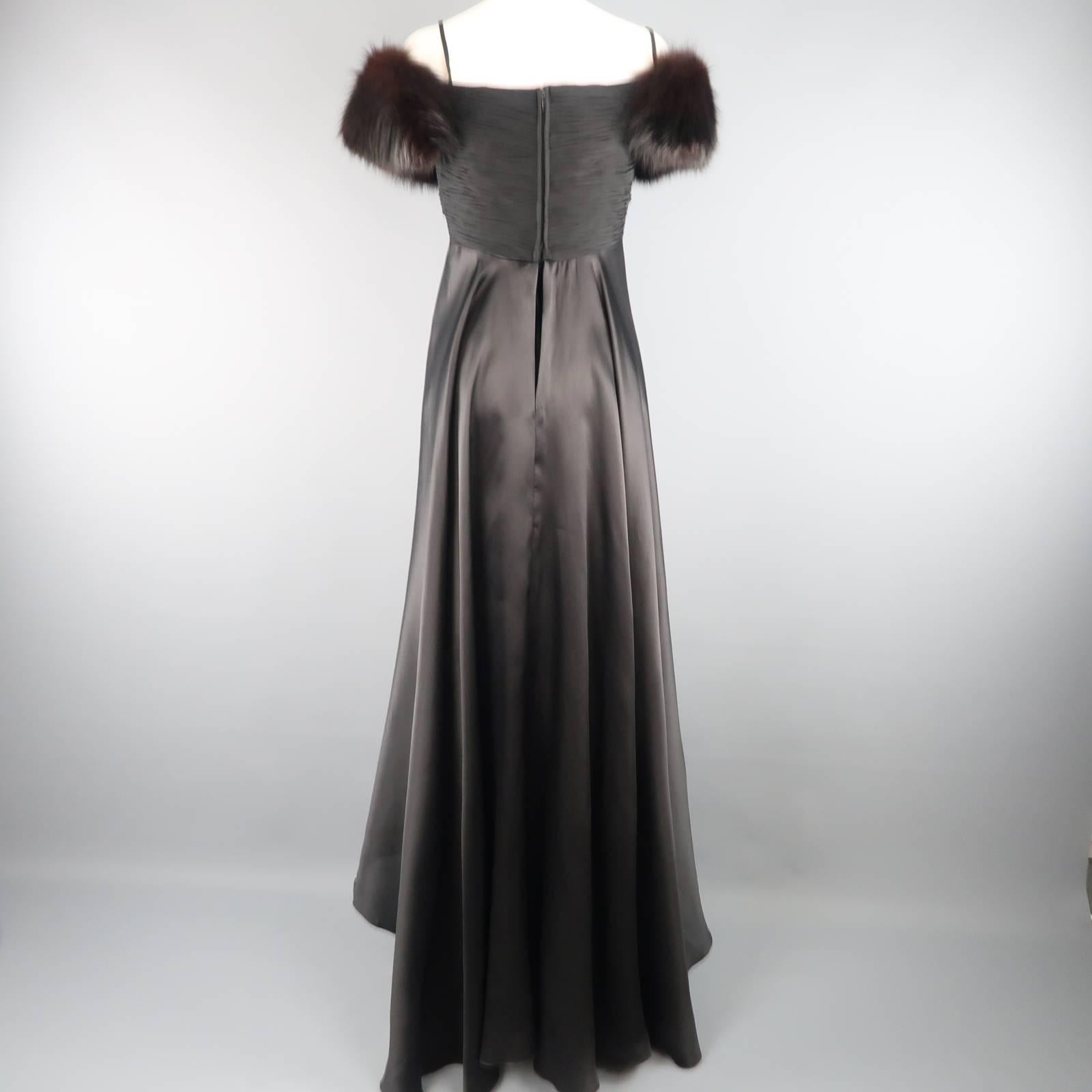 MICHAEL CASEY Gown US 8 Black Silk & Velvet Gathered Bust Fox Fur Shoulder Dress 3