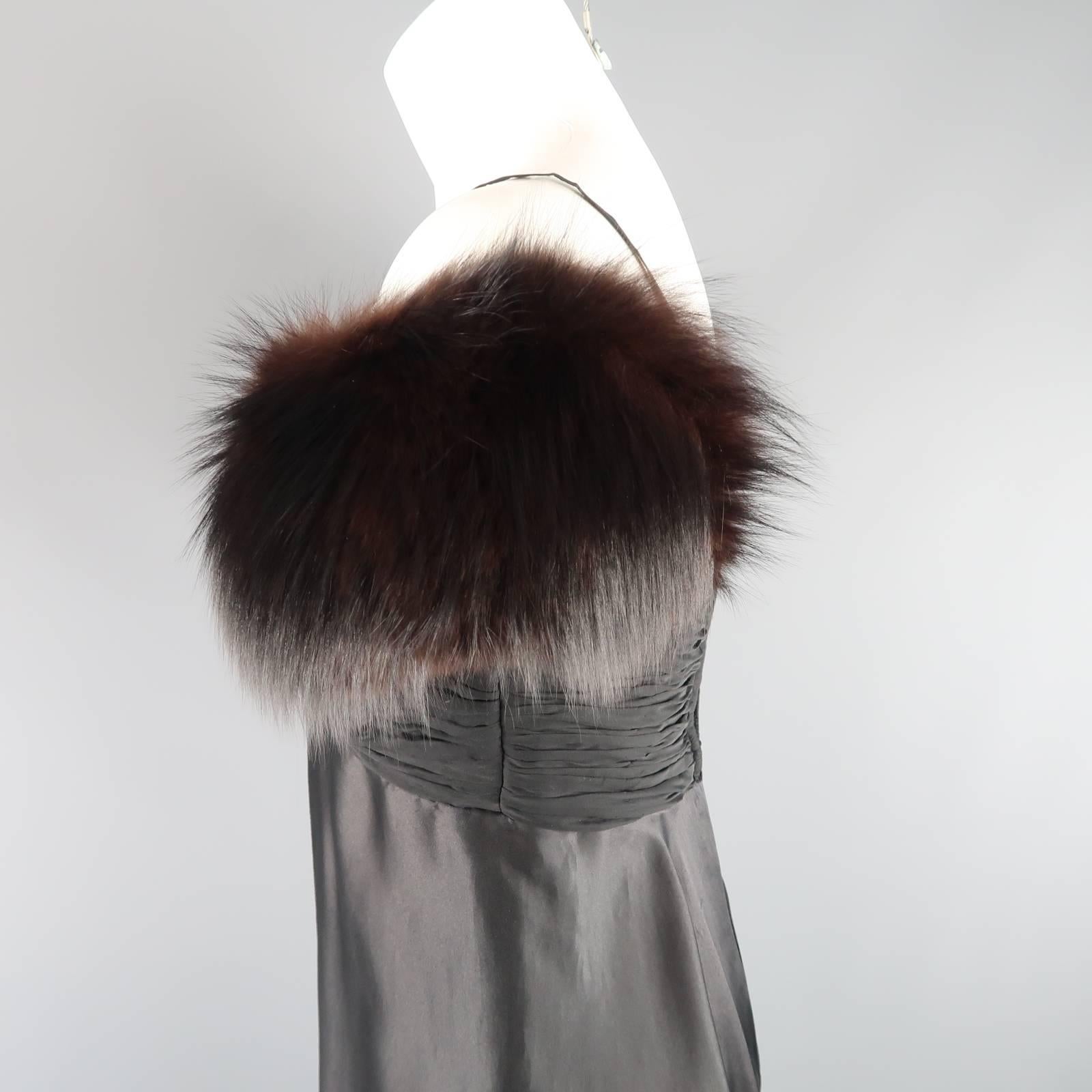 MICHAEL CASEY Gown US 8 Black Silk & Velvet Gathered Bust Fox Fur Shoulder Dress 4