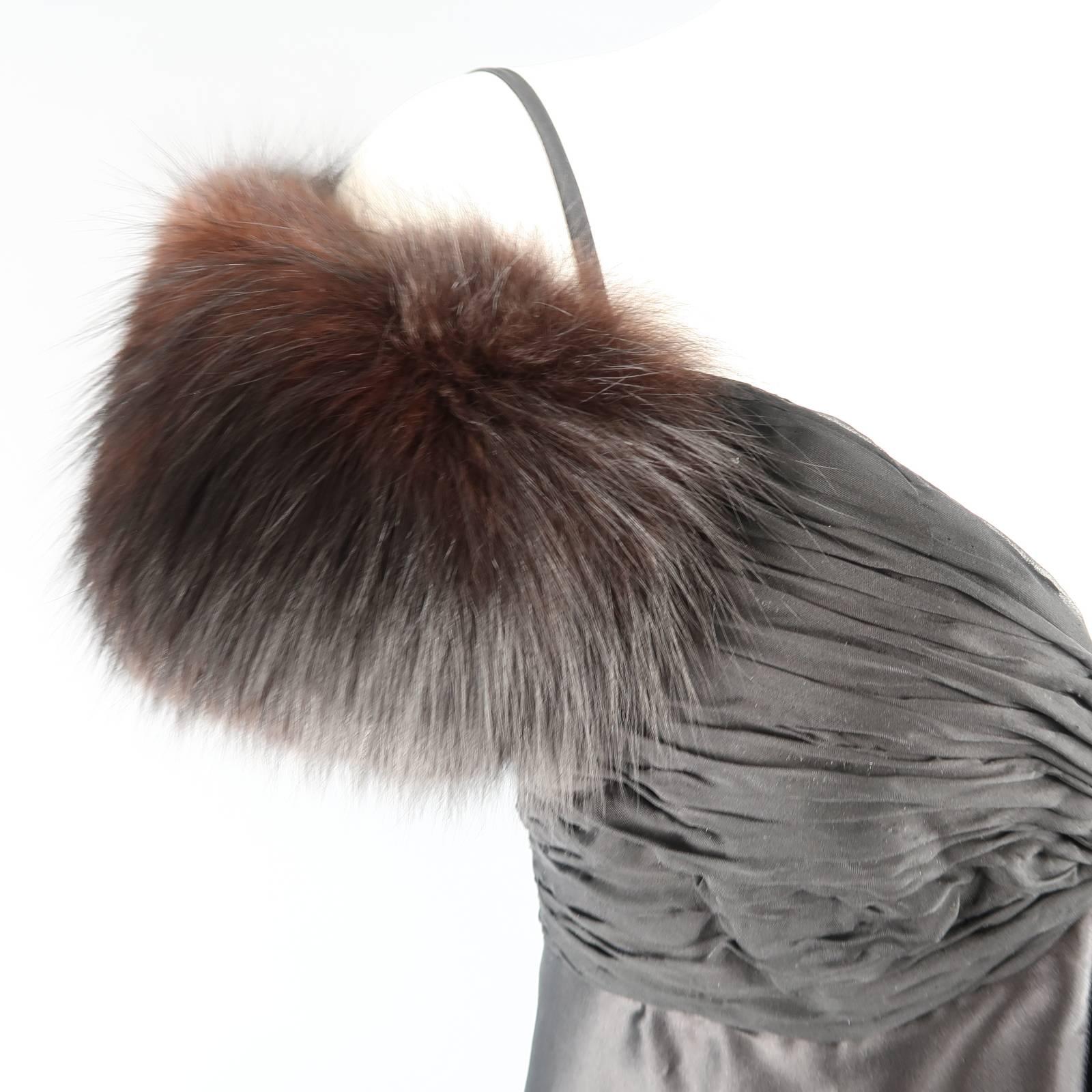 Women's MICHAEL CASEY Gown US 8 Black Silk & Velvet Gathered Bust Fox Fur Shoulder Dress