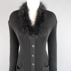 GIORGIO ARMANI Size 12 Black Wool / Silk Feather Collar Cardigan Coat