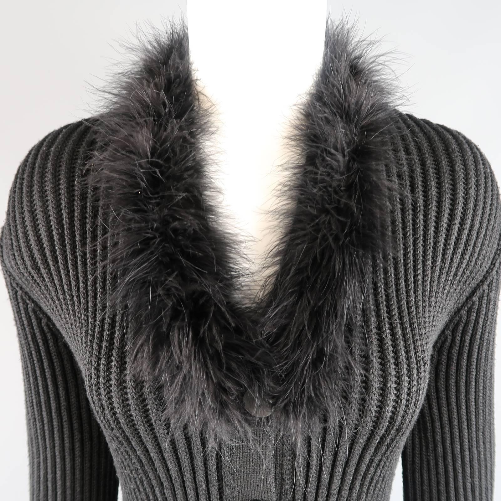 GIORGIO ARMANI Size 12 Black Wool / Silk Feather Collar Cardigan Coat In Good Condition In San Francisco, CA