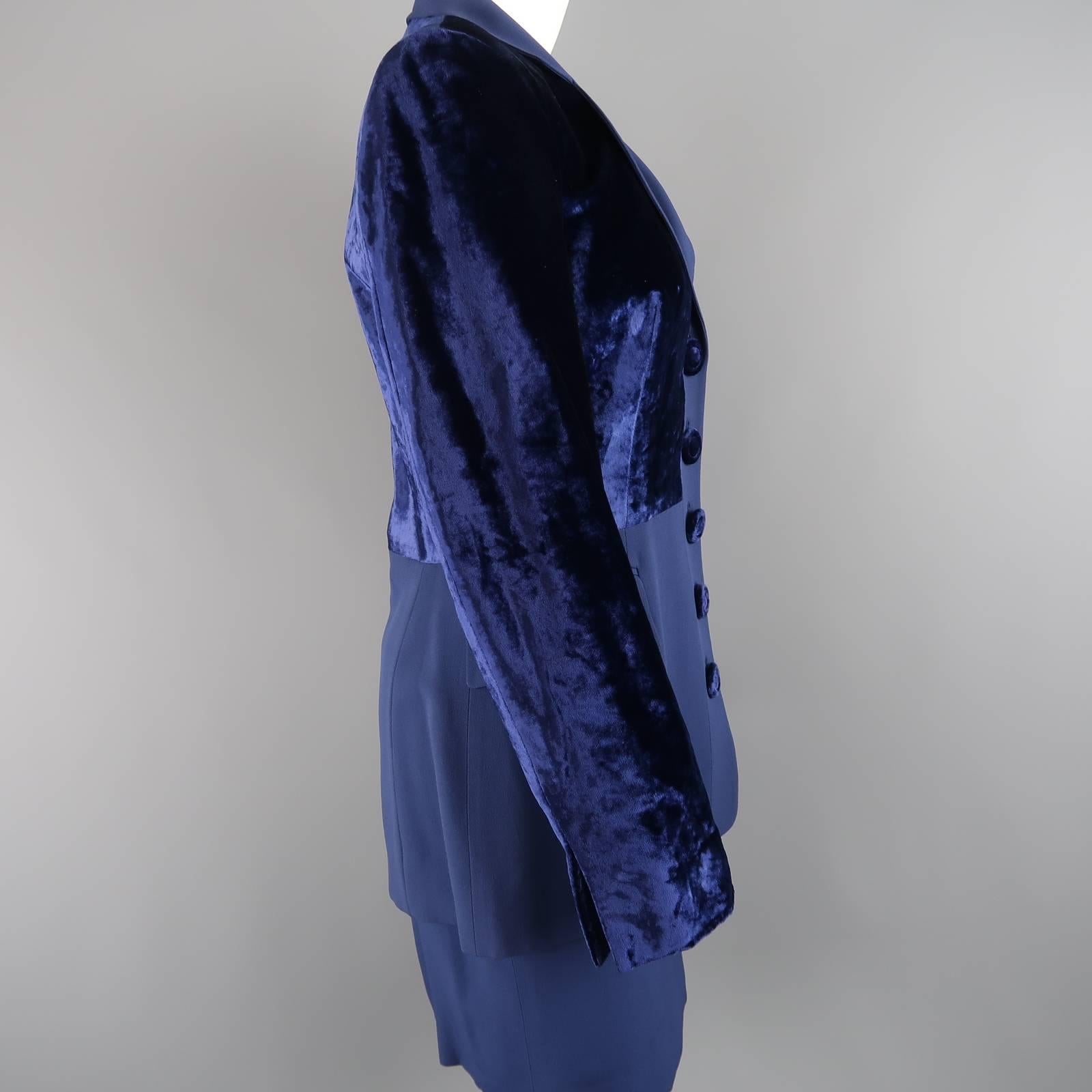 GIANFRANCO FERRE Size 8 Blue Velvet Panel Skirt Suit 1