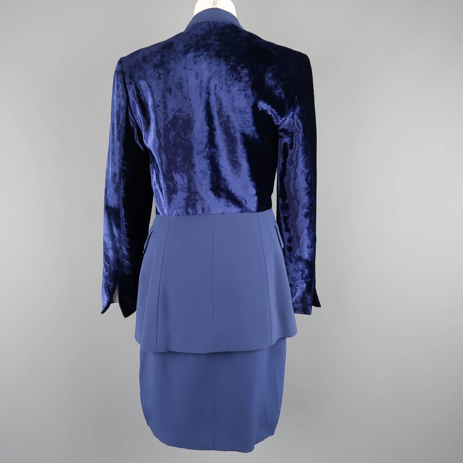 GIANFRANCO FERRE Size 8 Blue Velvet Panel Skirt Suit 3