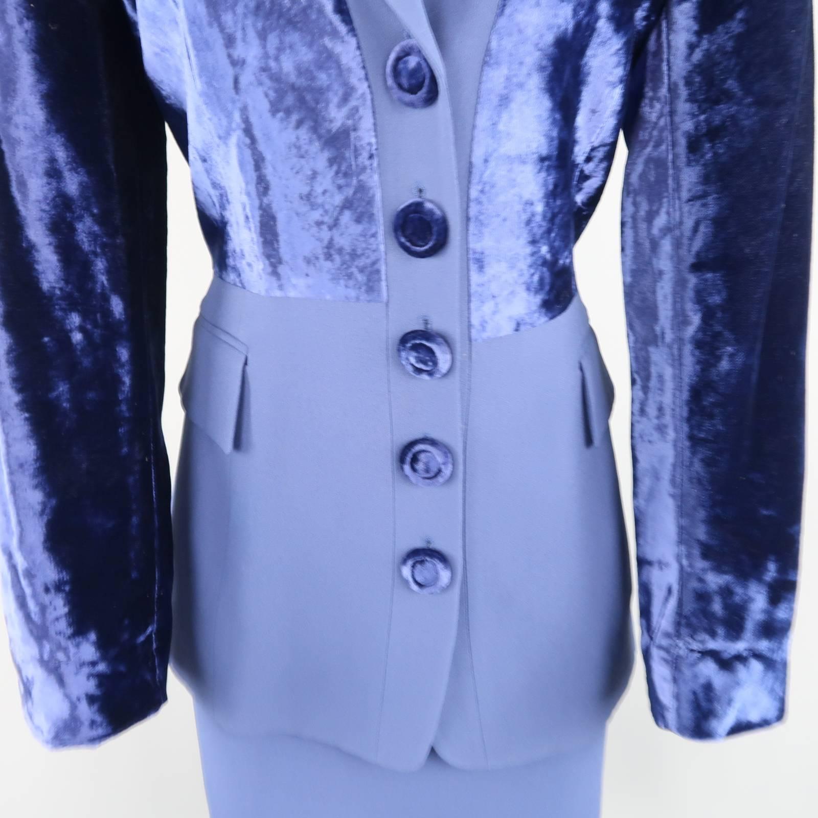 GIANFRANCO FERRE Size 8 Blue Velvet Panel Skirt Suit In Excellent Condition In San Francisco, CA