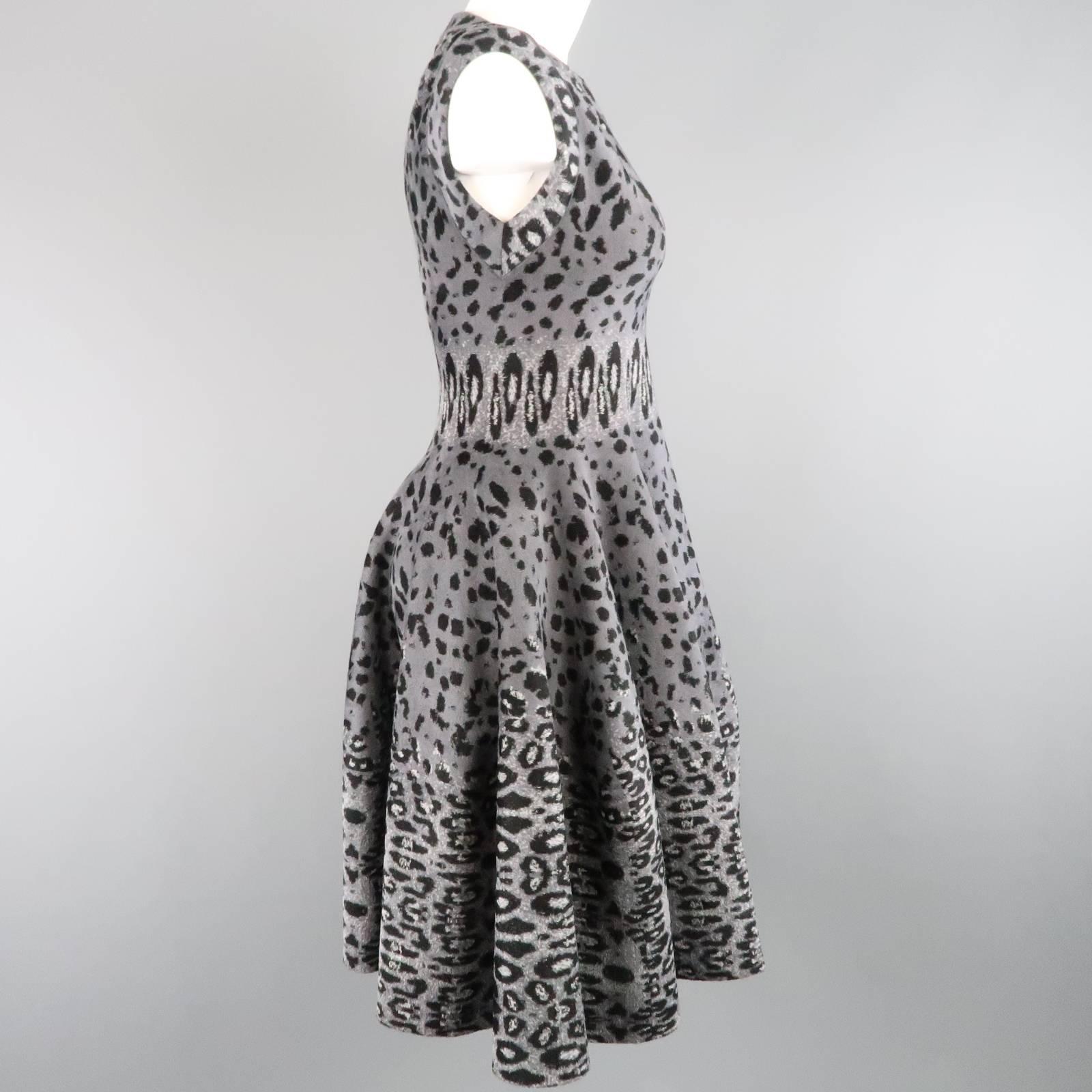 Women's ALAIA Size S Gray Leopard Print Knit Fit Flair Ruffle Skirt Dress