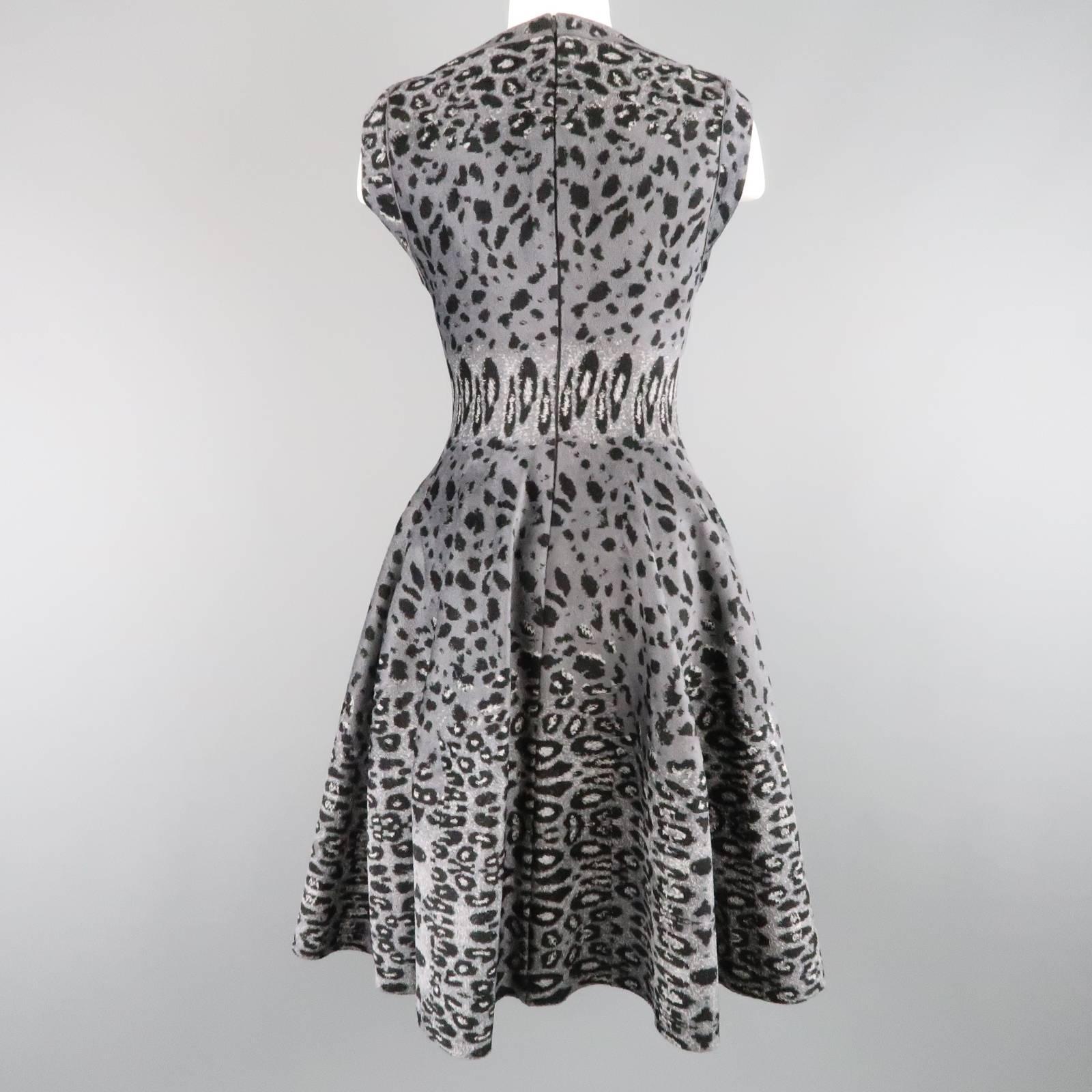 ALAIA Size S Gray Leopard Print Knit Fit Flair Ruffle Skirt Dress 1