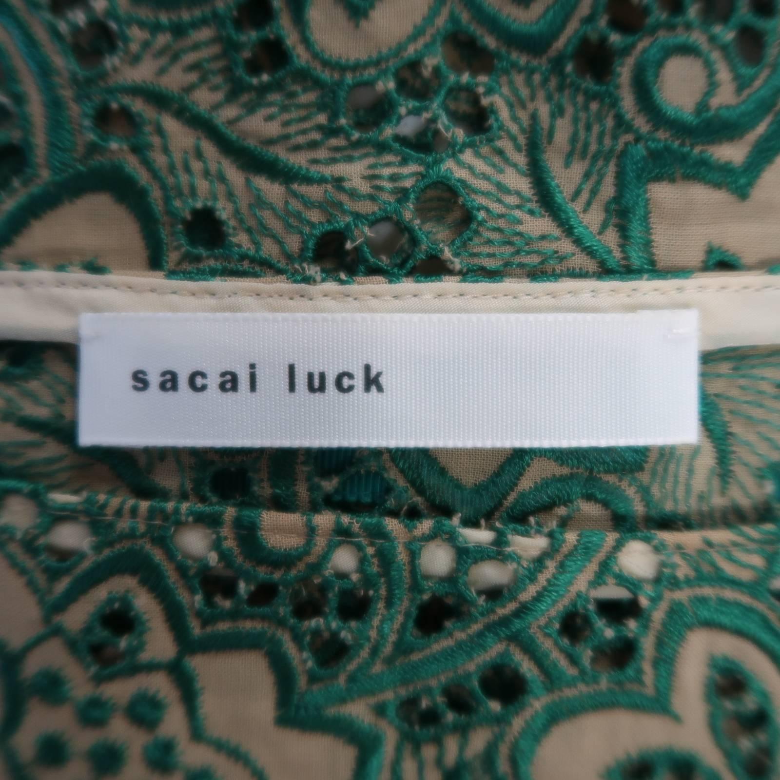 Women's SACAI Luck Size 2 Green Ribbon Striped Lace Shift Dress