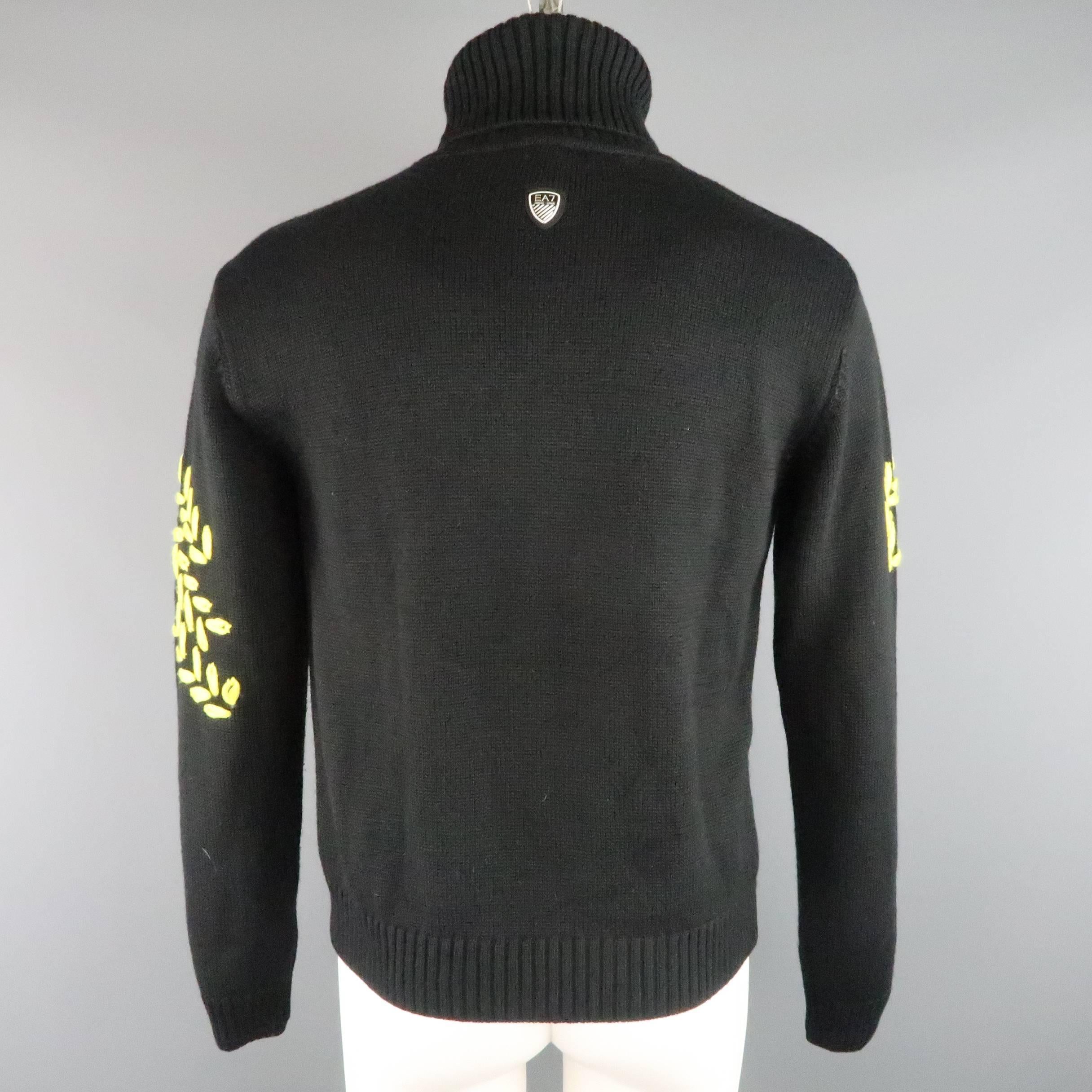 EMPORIO ARMANI EA7 S Black & Yellow Embroidered Wool Blend Turtleneck Sweater 3