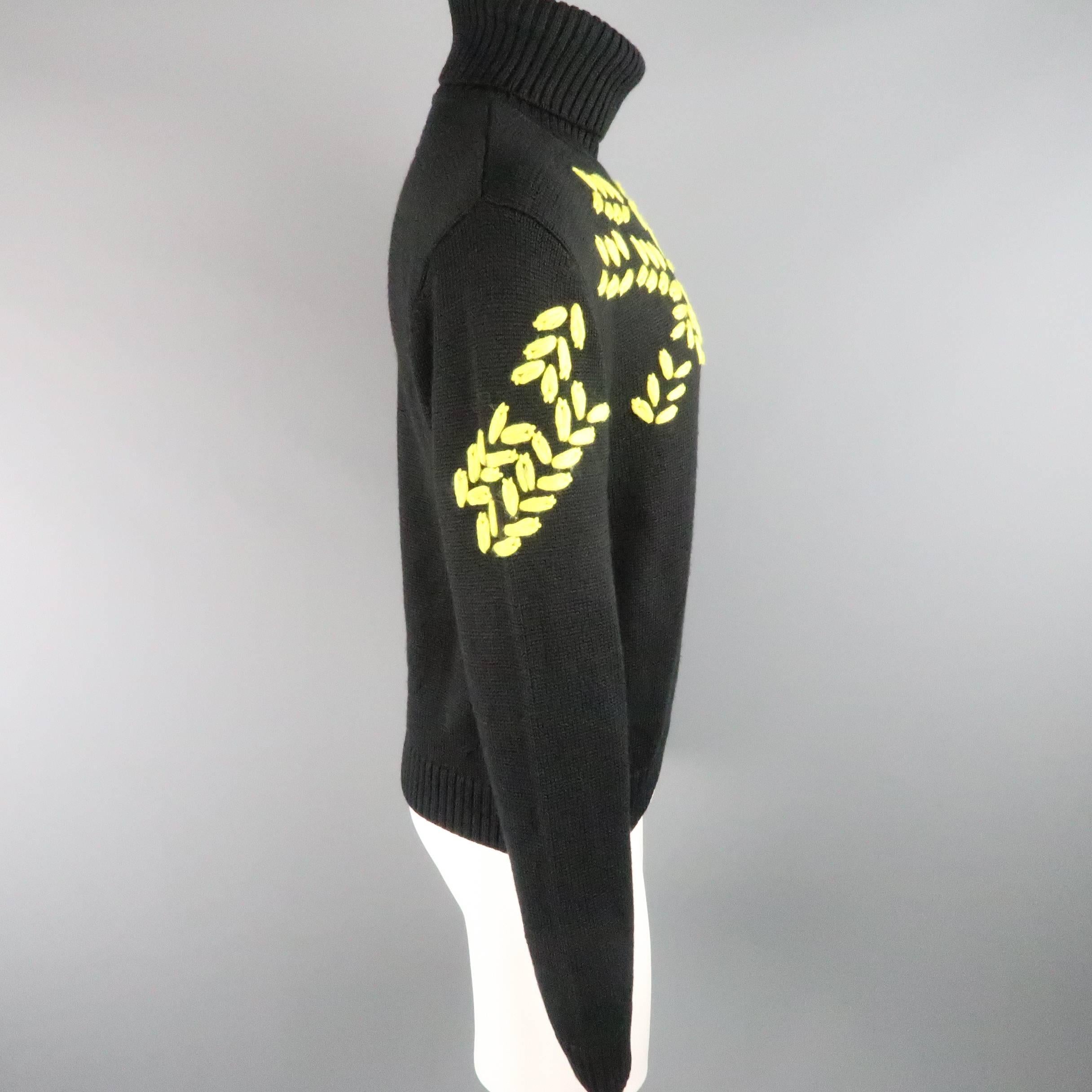 EMPORIO ARMANI EA7 S Black & Yellow Embroidered Wool Blend Turtleneck Sweater 2