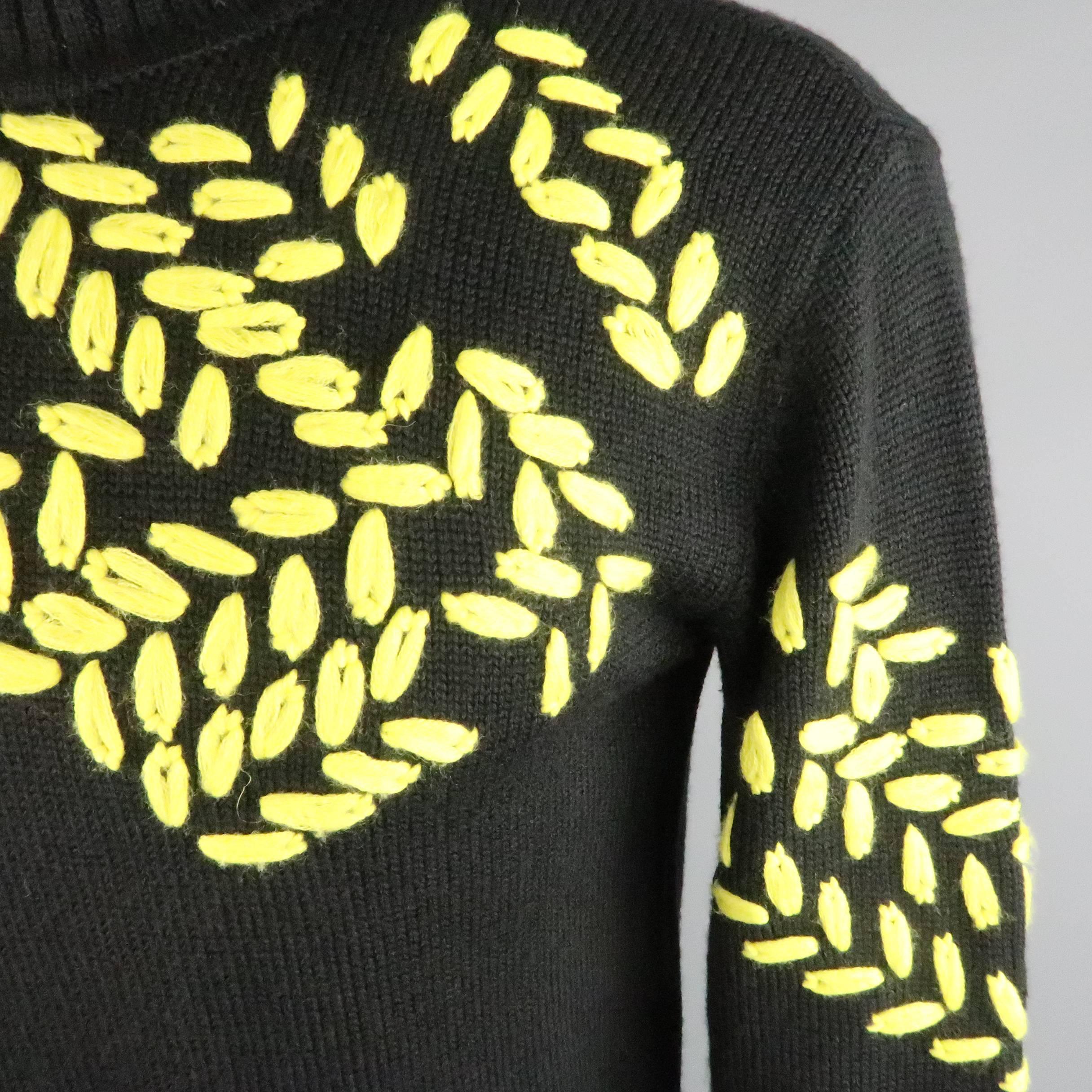 EMPORIO ARMANI EA7 S Black & Yellow Embroidered Wool Blend Turtleneck Sweater In Excellent Condition In San Francisco, CA