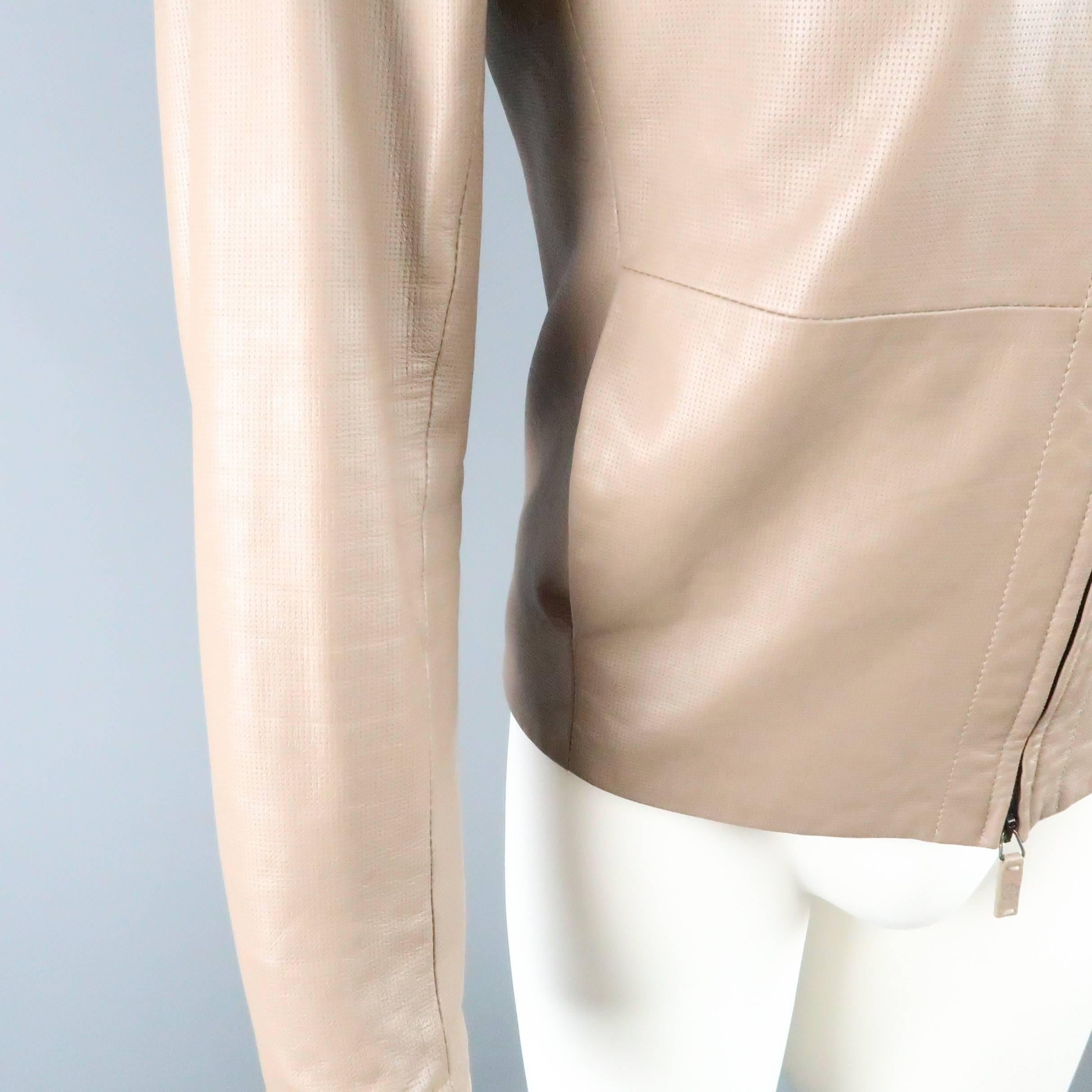Beige Men's GIORGIO ARMANI 38 Taupe Perforated Leather Collarless Jacket
