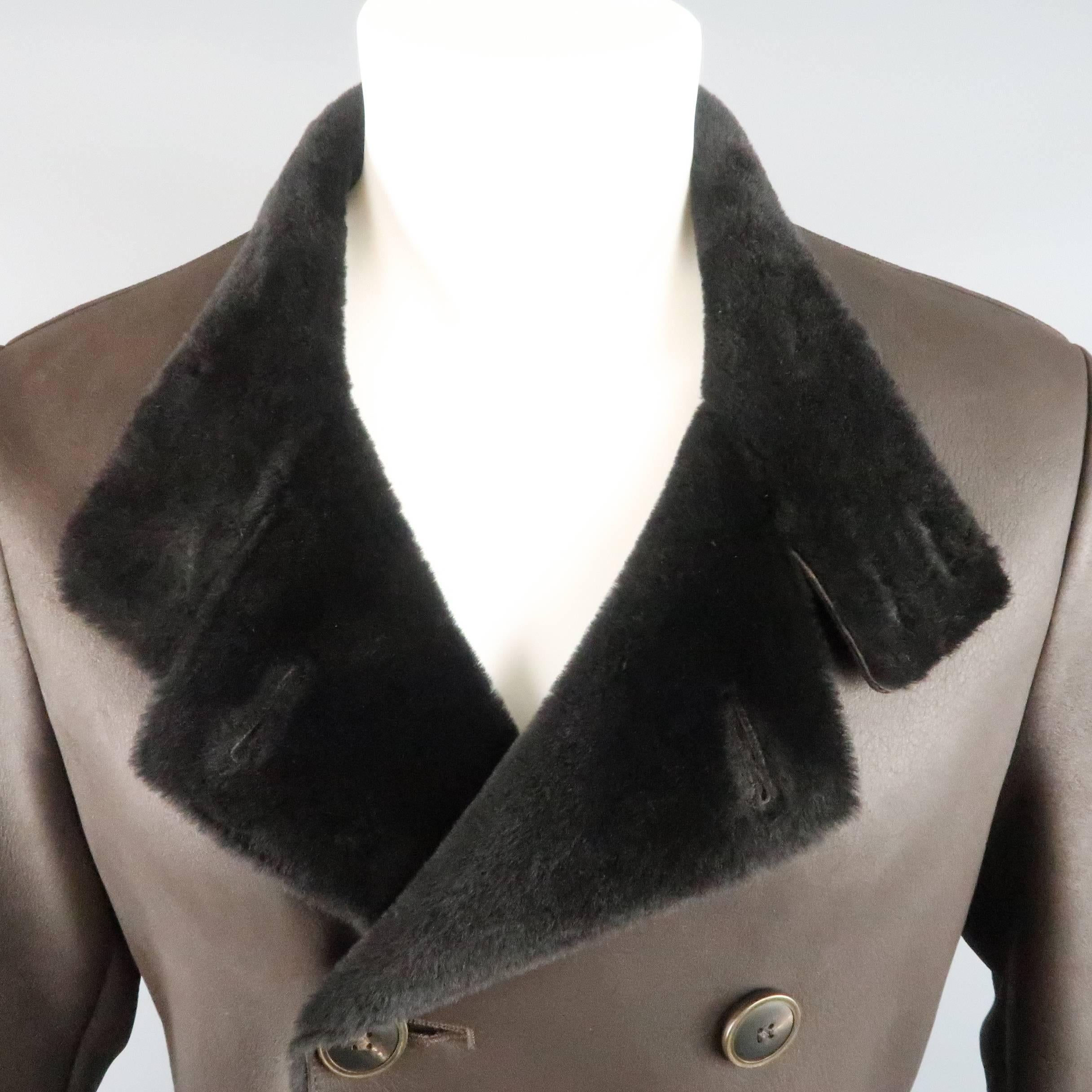 Gray GIORGIO ARMANI 38 Brown Solid Shearling Fur Leather Double Breasted Coat