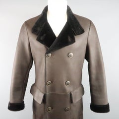 GIORGIO ARMANI 38 Brown Solid Shearling Fur Leather Double Breasted Coat