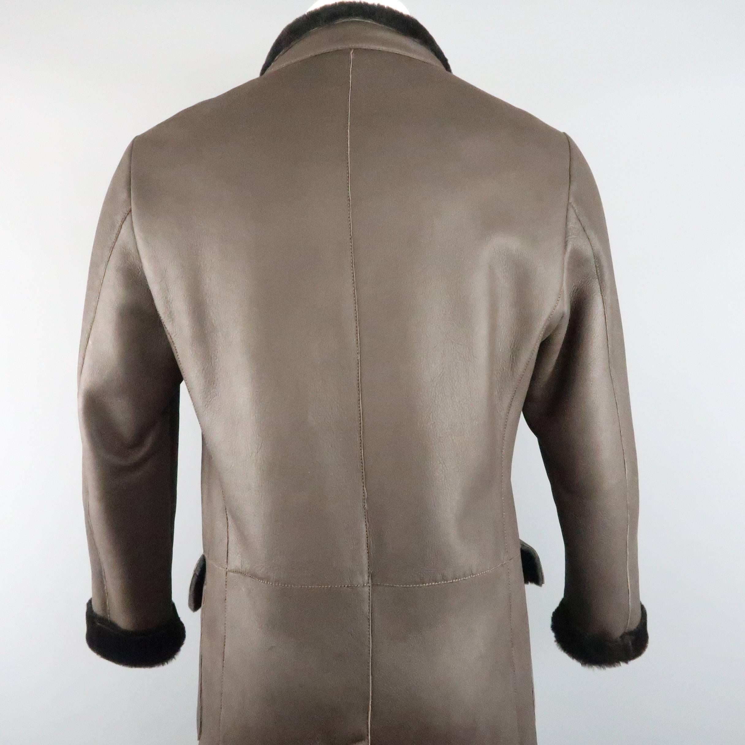 GIORGIO ARMANI 38 Brown Solid Shearling Fur Leather Double Breasted Coat 2