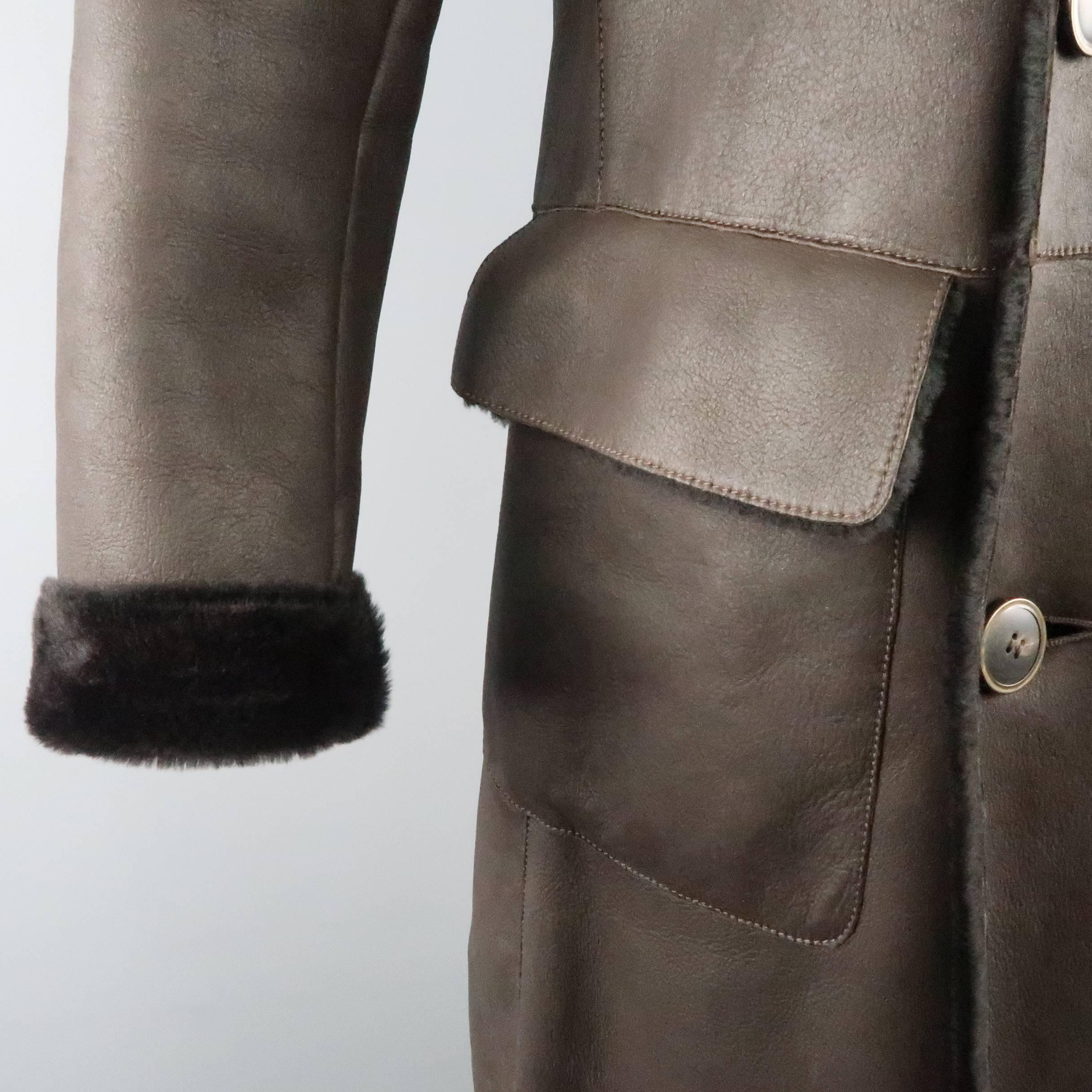 GIORGIO ARMANI 38 Brown Solid Shearling Fur Leather Double Breasted Coat In Excellent Condition In San Francisco, CA