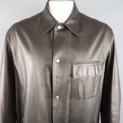 Men's VALENTINO 46 Brown Leather Silver Snap Collared Shirt Jacket
