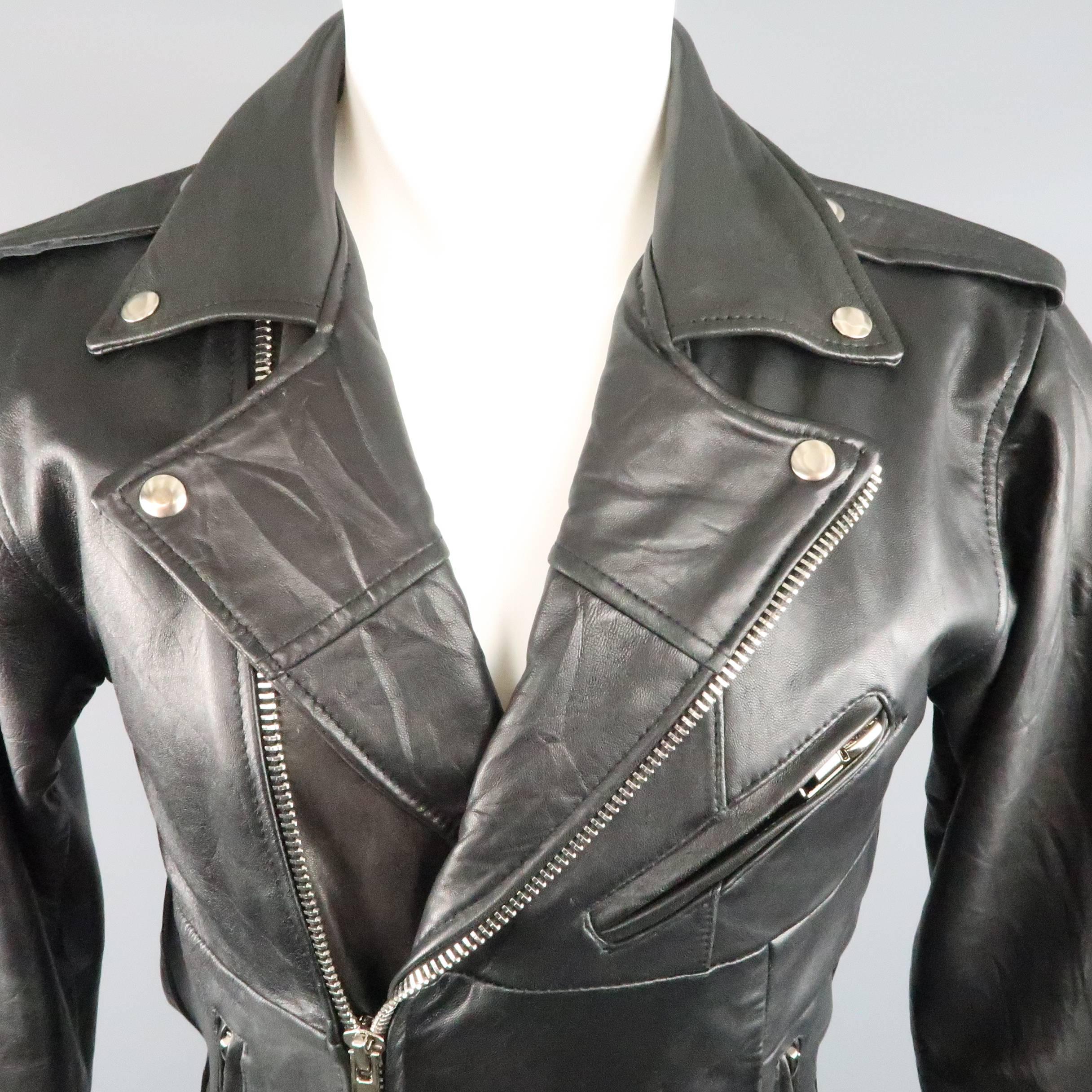 MAISON MARTIN MARGIELA fitted motorcycle jacket comes in black wrinkle textured patchwork leather and features a pointed lapel with snaps, asymmetrical silver tone zip closure, slanted zip pockets, belted front, and zip cuffs. Made in Italy.
