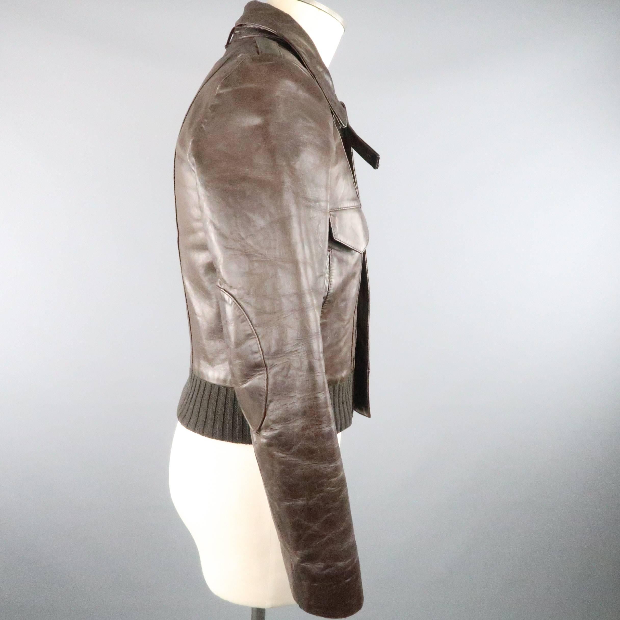 Gray BALENCIAGA 38 Brown Leather Collared Cropped Bomber Jacket