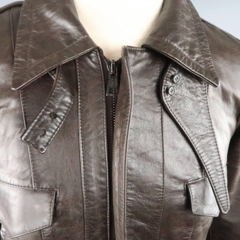 BALENCIAGA 38 Brown Leather Collared Cropped Bomber Jacket at 1stDibs