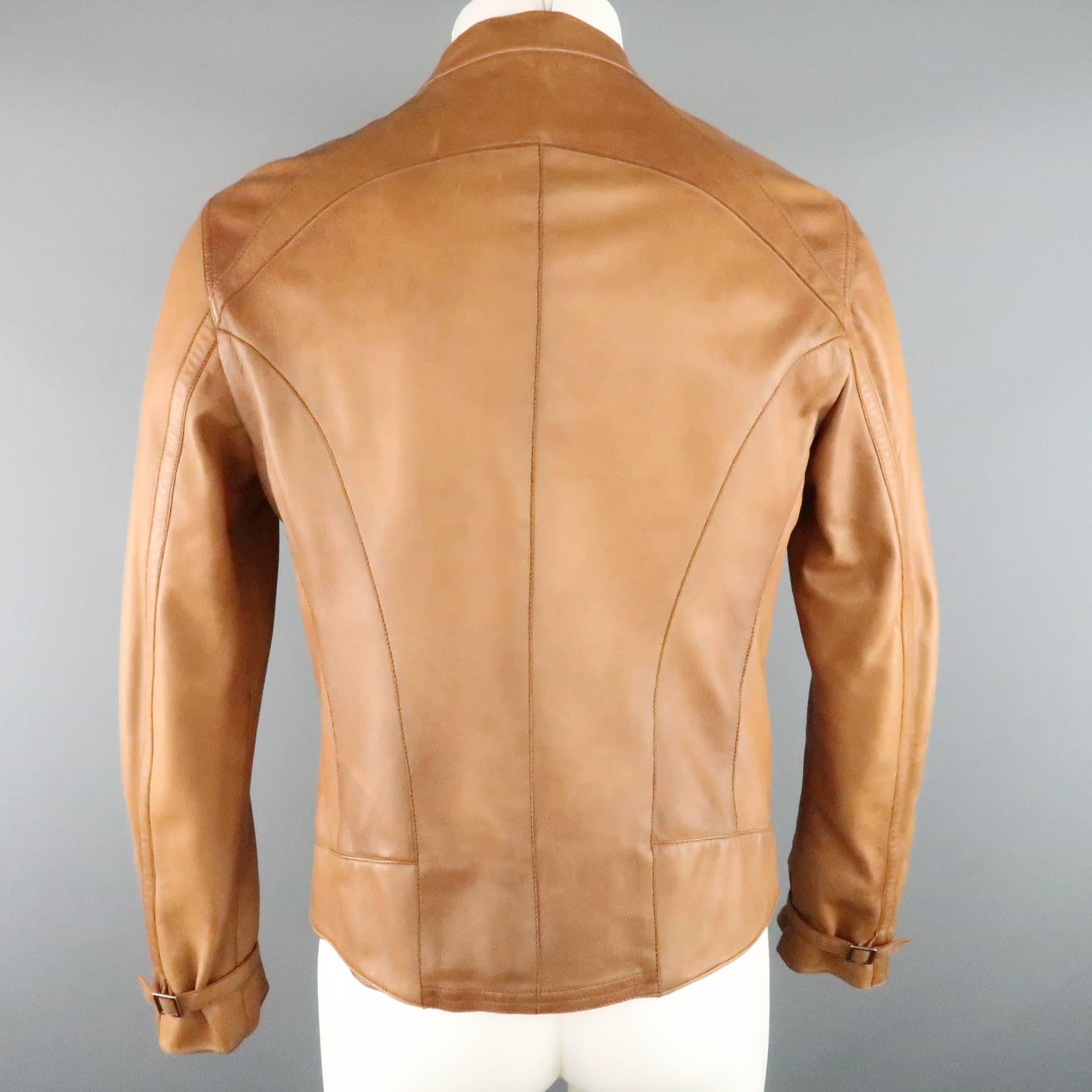 Men's EMPORIO ARMANI 40 Tan Distressed Leathe Belted Collar Motorcycle Jacket 3