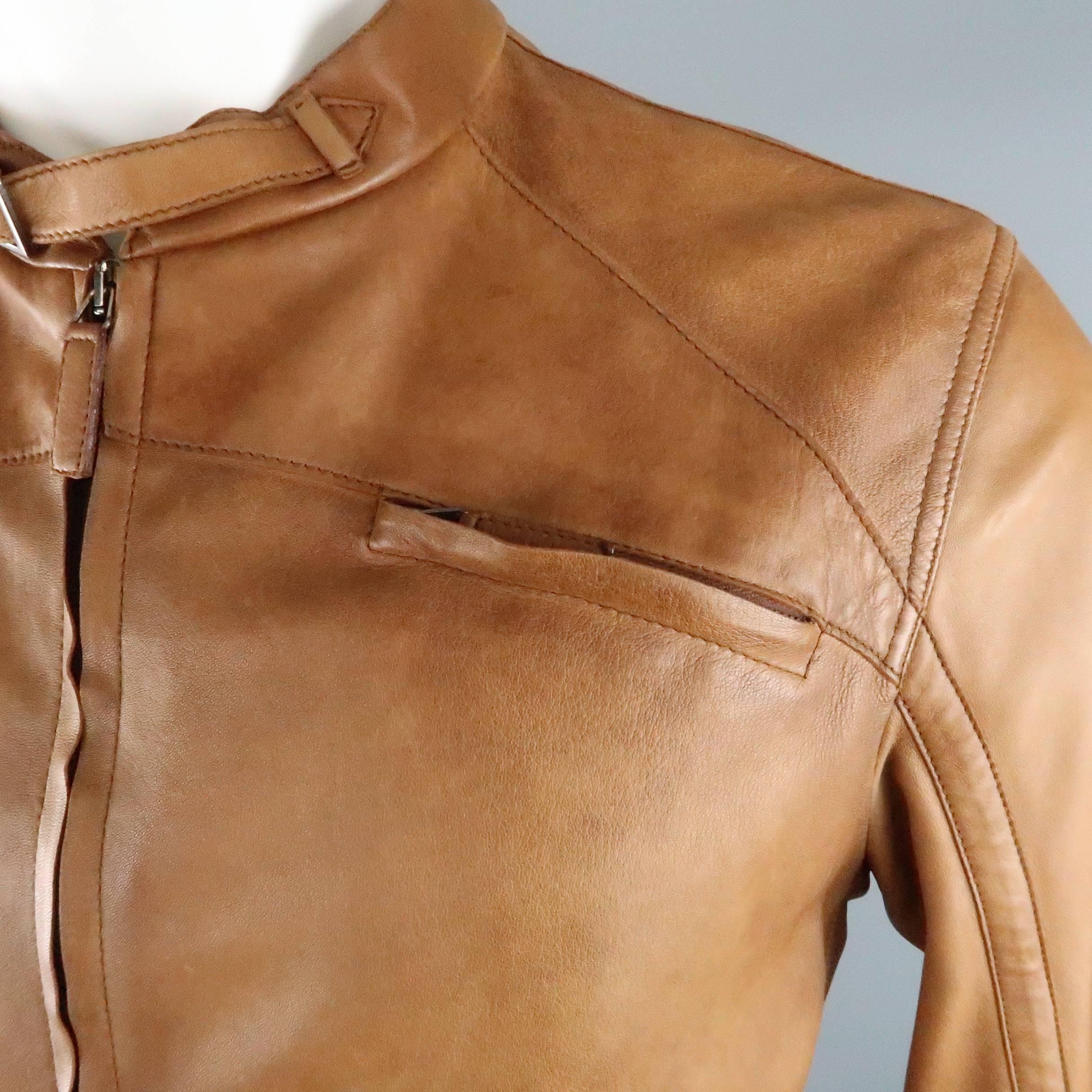 Brown Men's EMPORIO ARMANI 40 Tan Distressed Leathe Belted Collar Motorcycle Jacket