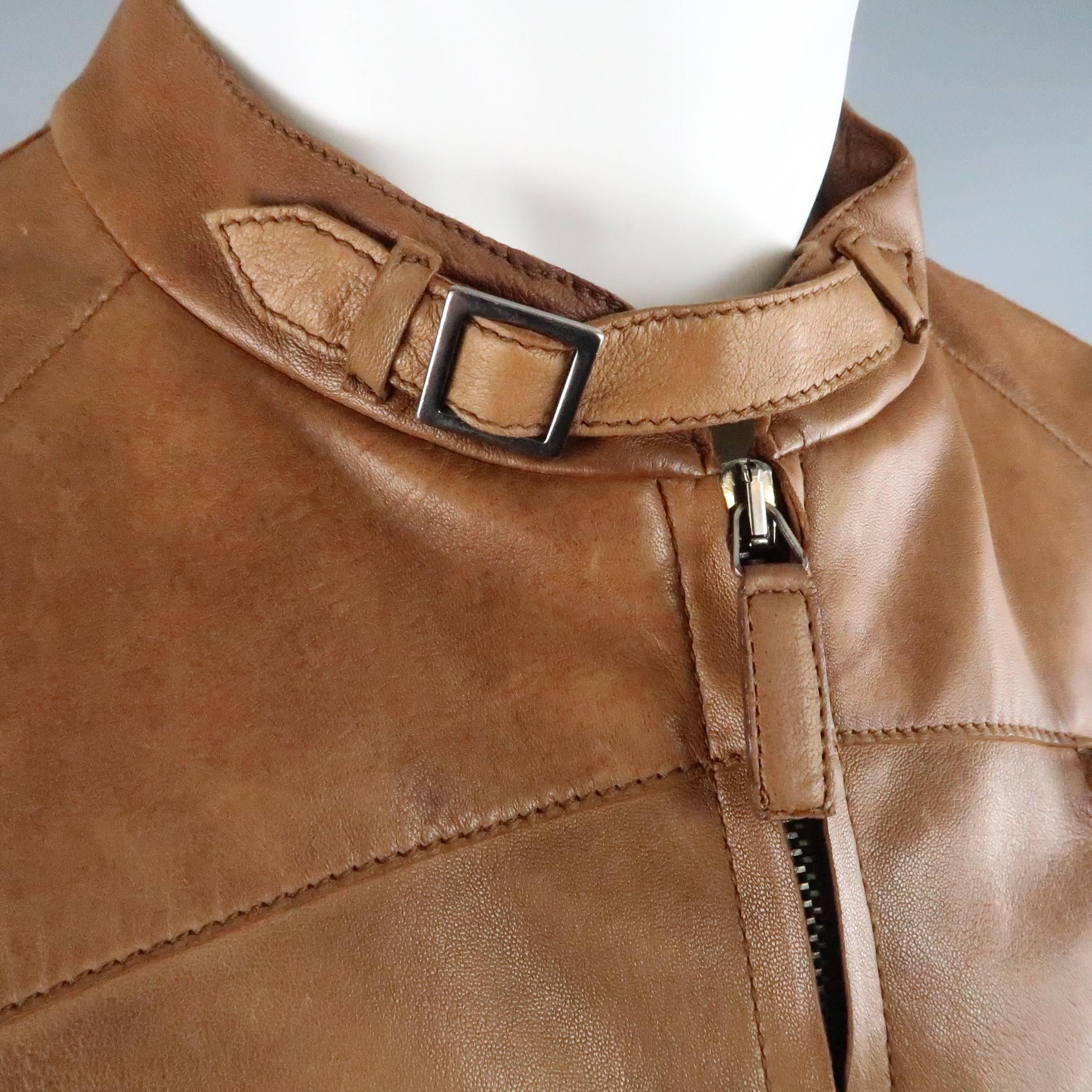 Men's EMPORIO ARMANI 40 Tan Distressed Leathe Belted Collar Motorcycle Jacket In Good Condition In San Francisco, CA