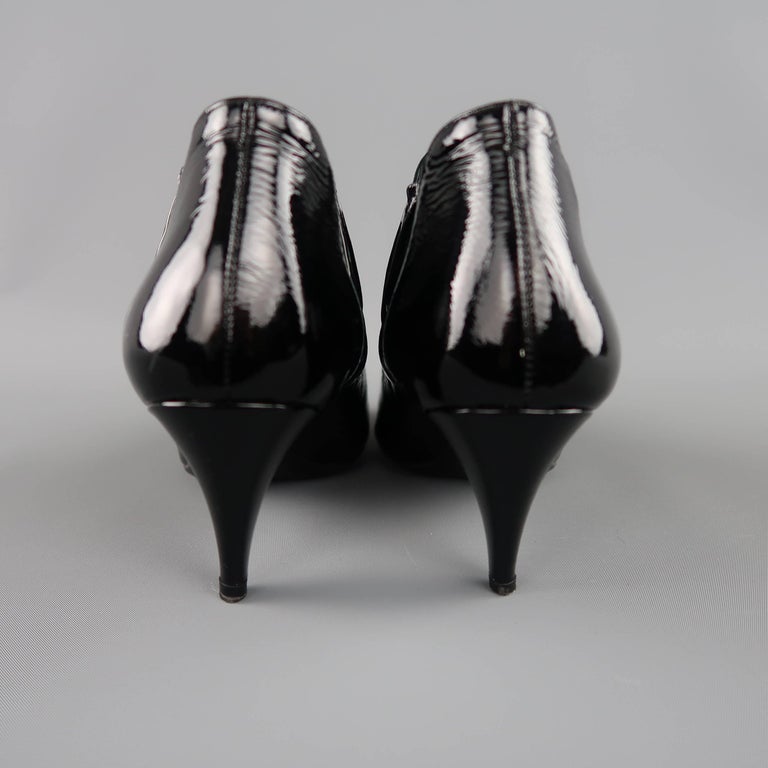 PRADA Size 7.5 Black Textured Patent Leather Pointed Kitten Heel Booties at 1stdibs