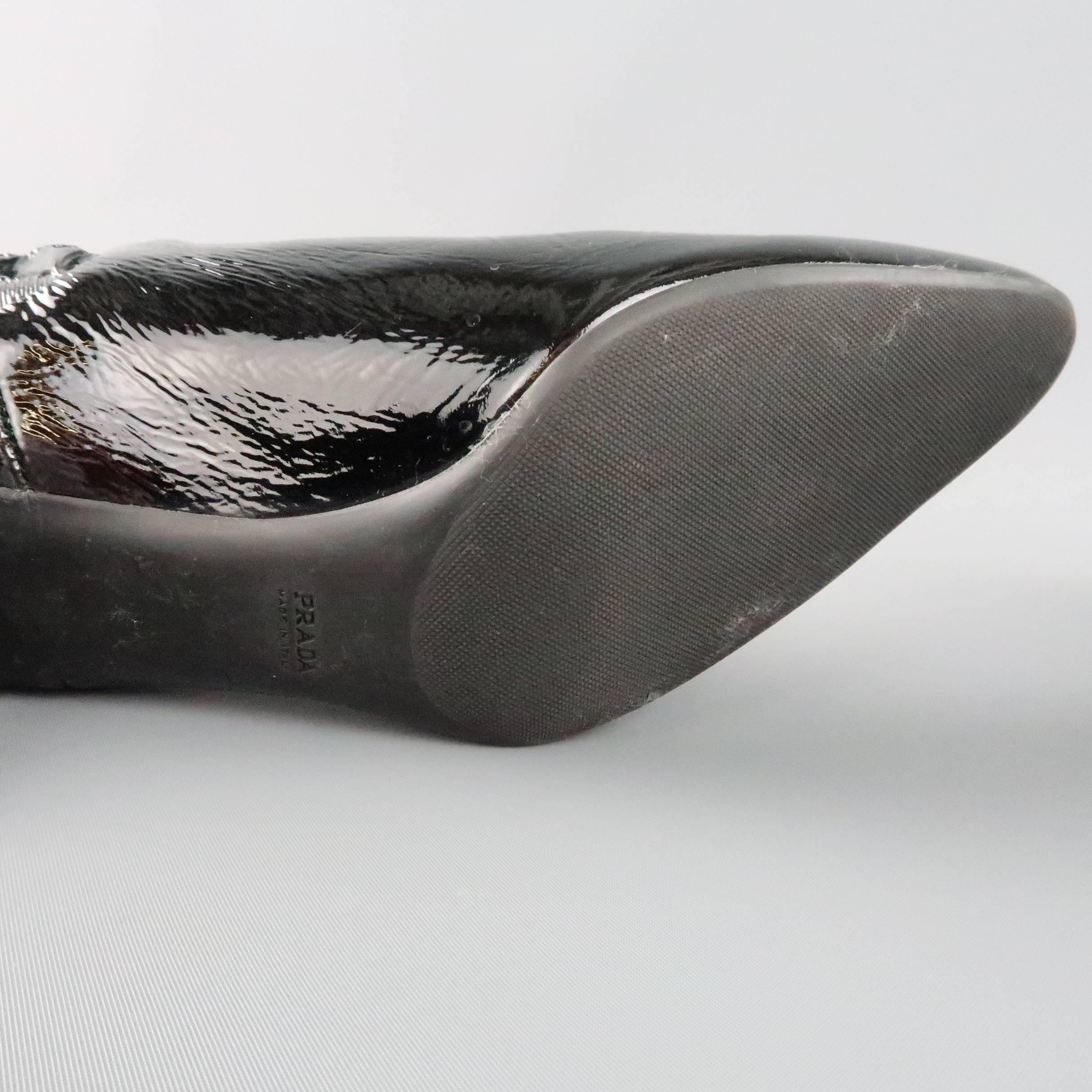 PRADA Size 7.5 Black Textured Patent Leather Pointed Kitten Heel Booties 1