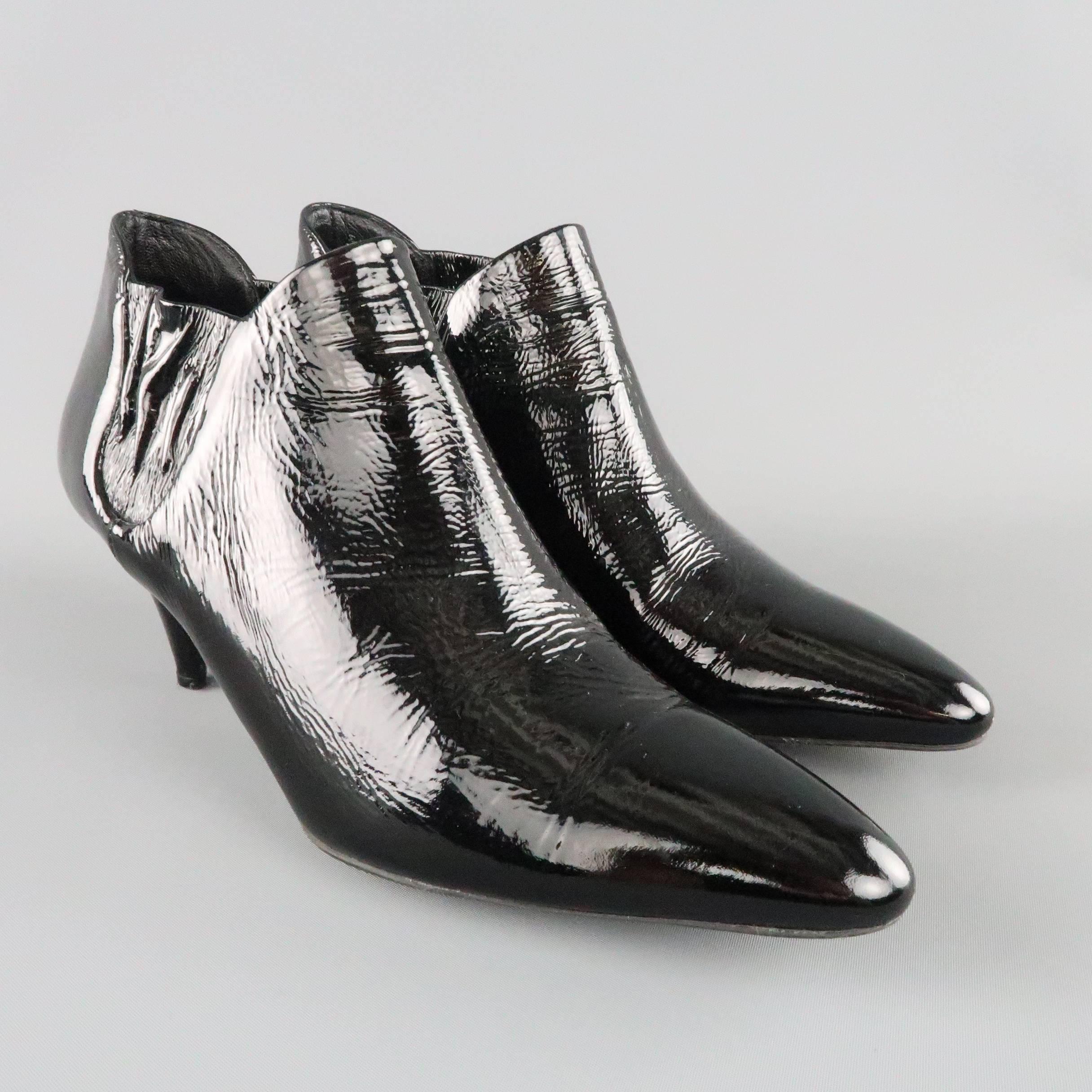 Women's PRADA Size 7.5 Black Textured Patent Leather Pointed Kitten Heel Booties