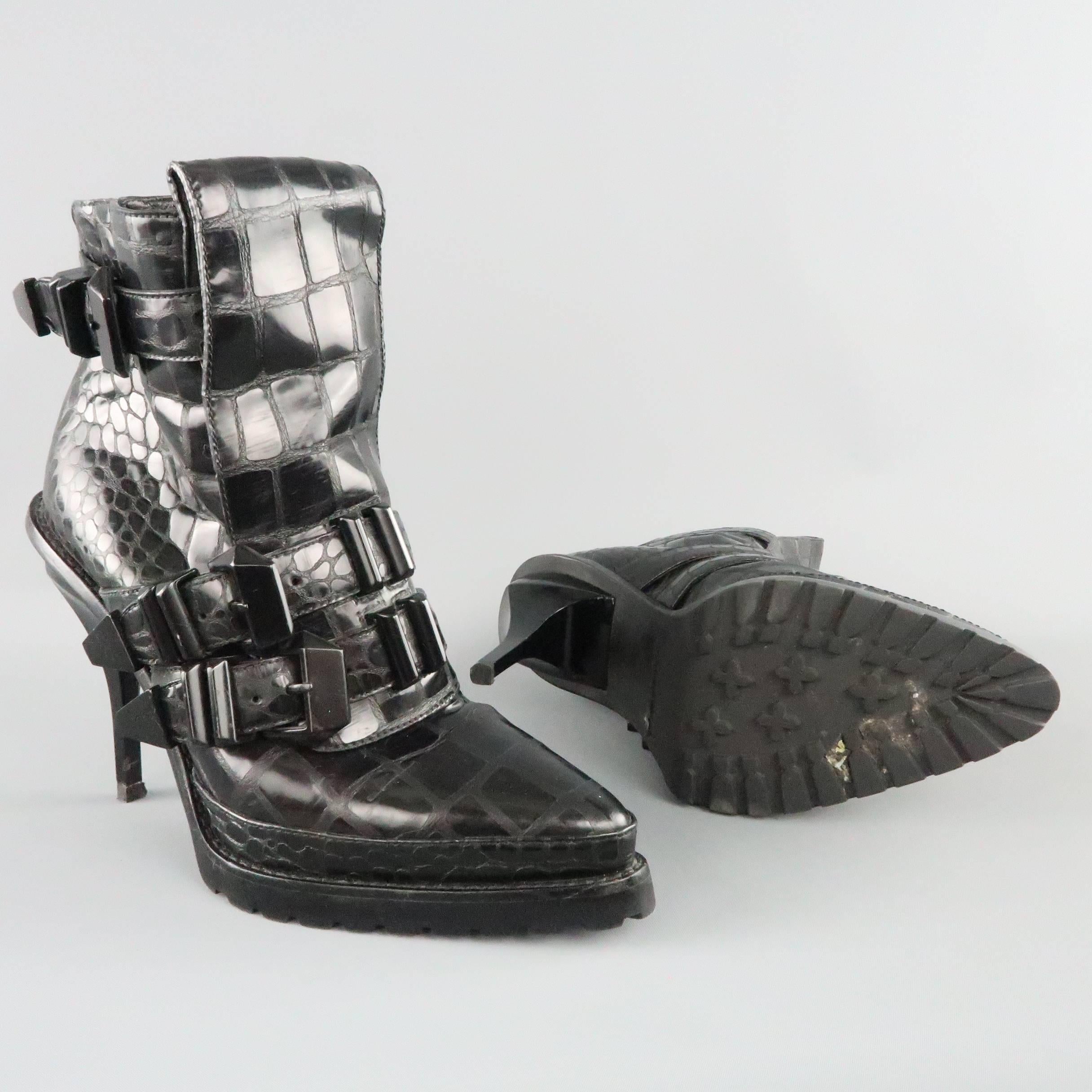 Women's ALEXANDER WANG Size 8 Black Alligator Embossed Western Buckle Boots